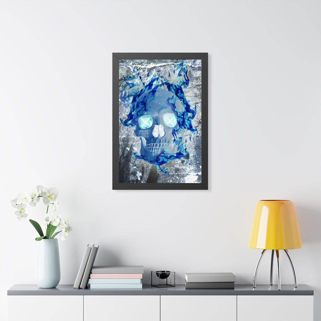 Blue Flame Skull Framed Poster - Gothic Fire Skull Wall Art