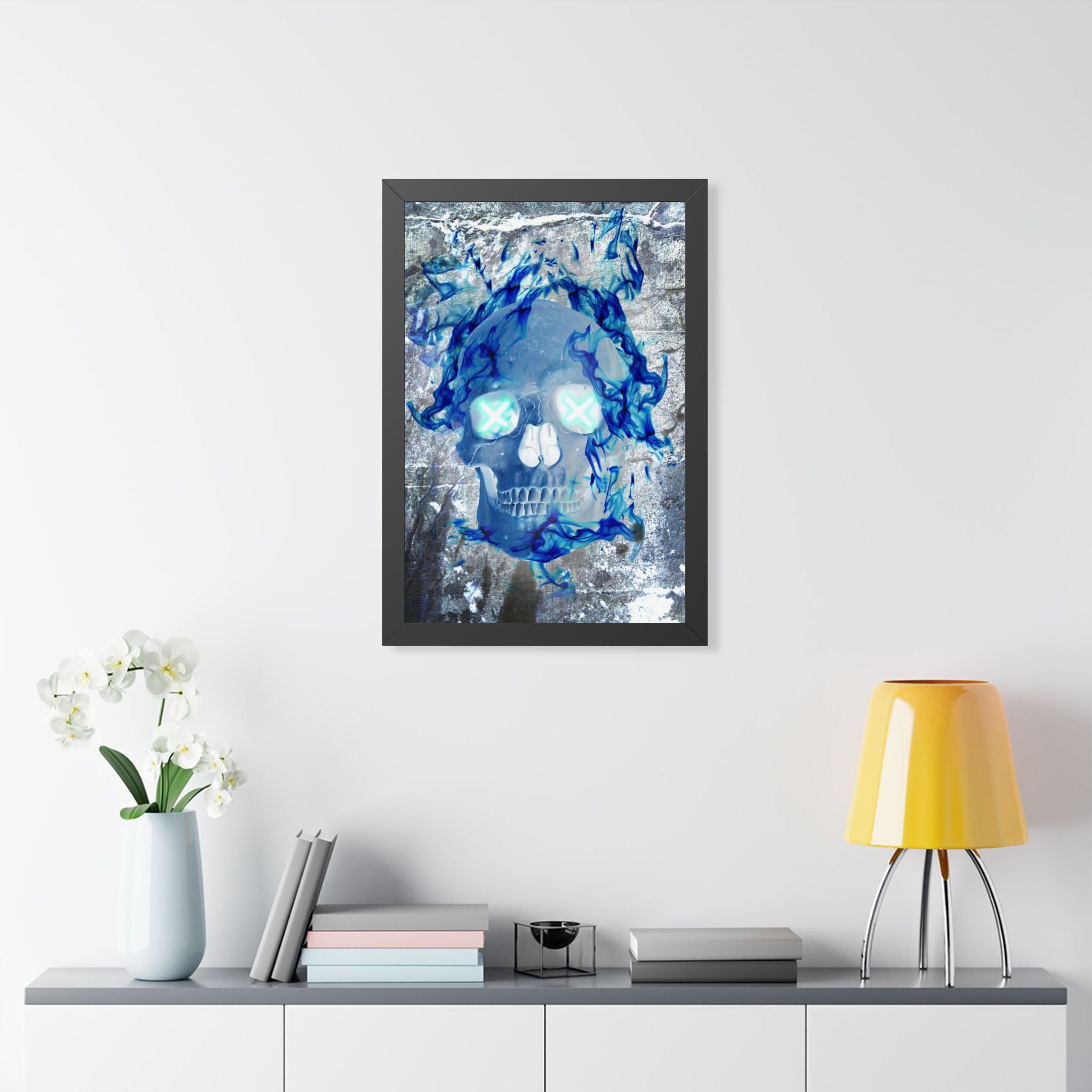 Blue Flame Skull Framed Poster - Gothic Fire Skull Wall Art