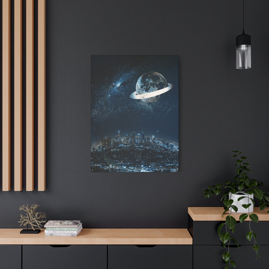 Starlight Cityscape Under a Celestial Moon Canvas Wall Art