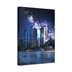 Space Cityscape on the Shore Canvas Wall Art - Neon Sci-Fi Coast Decor