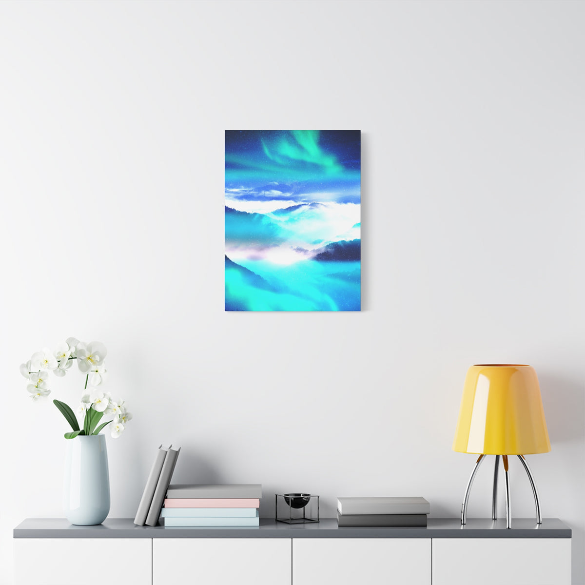 Starry Mountain Sky Canvas Wall Art - Aurora Borealis Decor