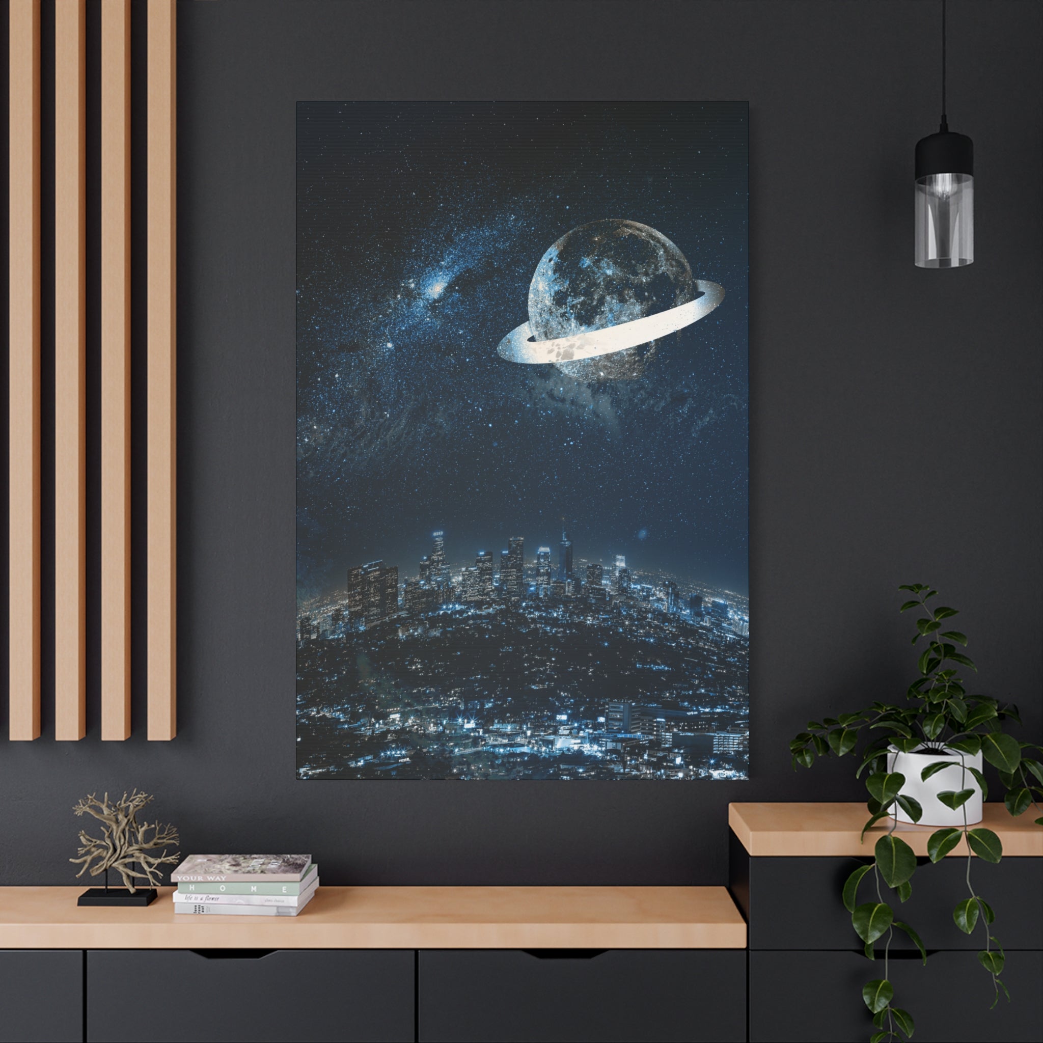 Starlight Cityscape Under a Celestial Moon Canvas Wall Art