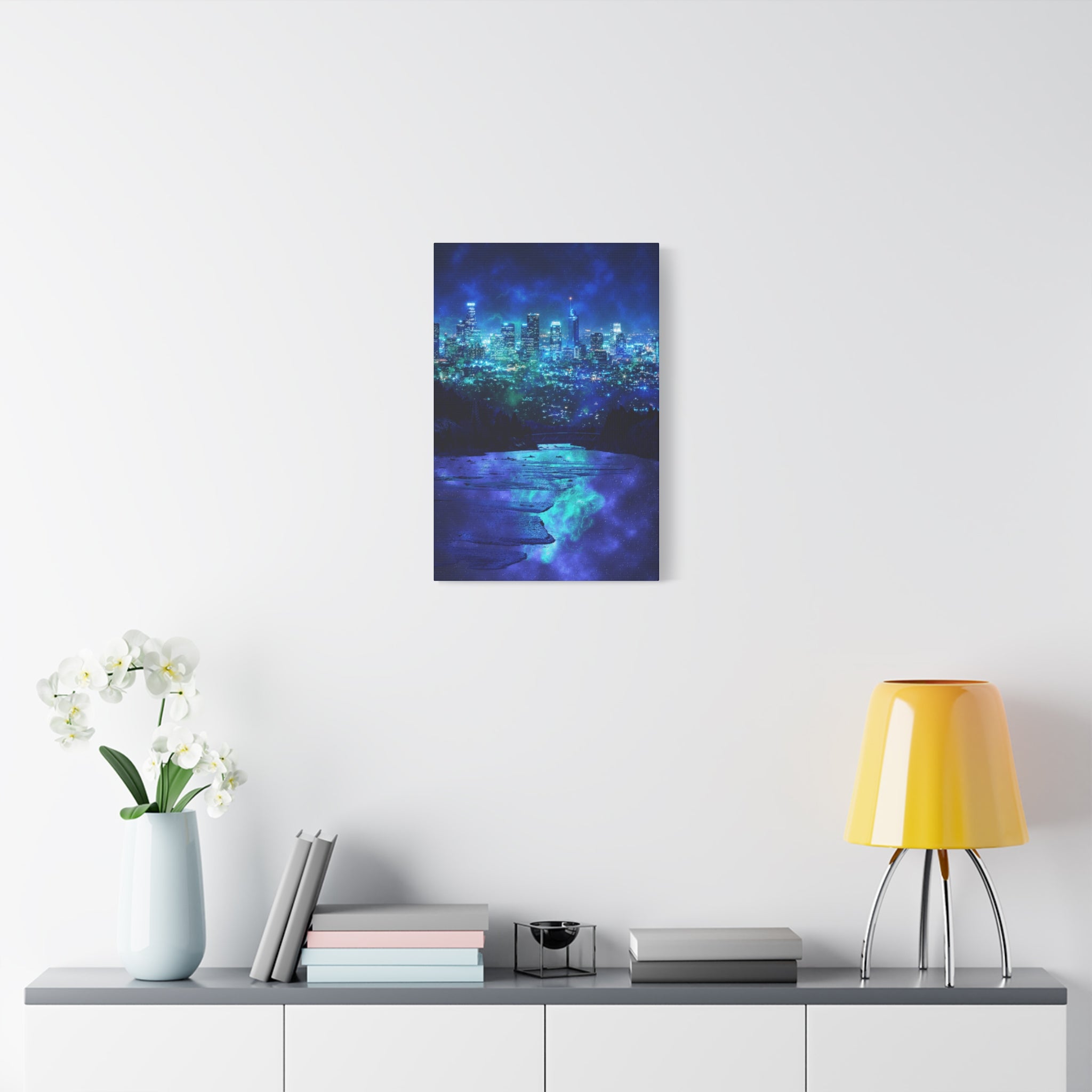 Cosmic Frosted City Canvas Art - Winter Metropolitan Nightscape