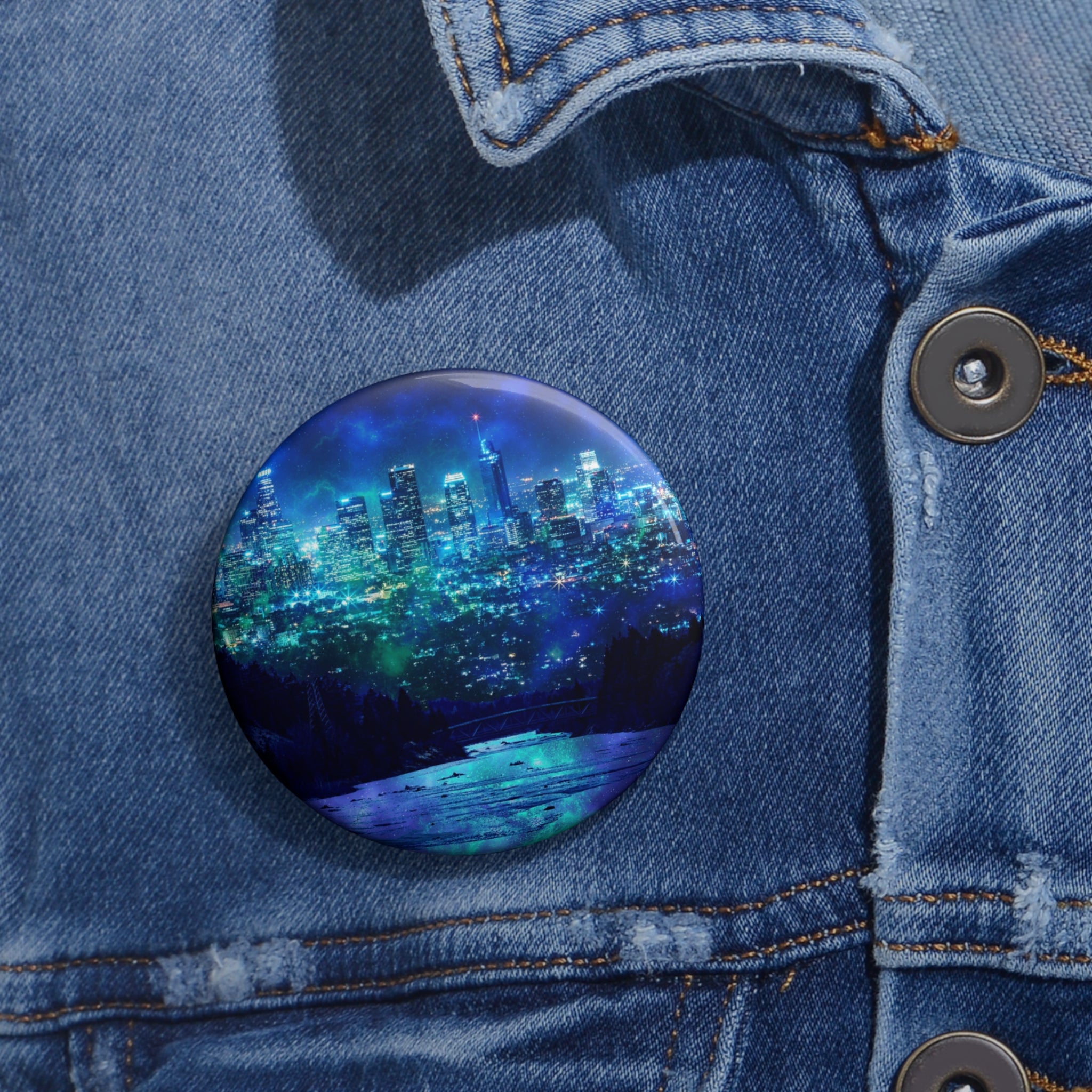 Frosted City Skyline Pin - Cosmic Cityscape Art Button