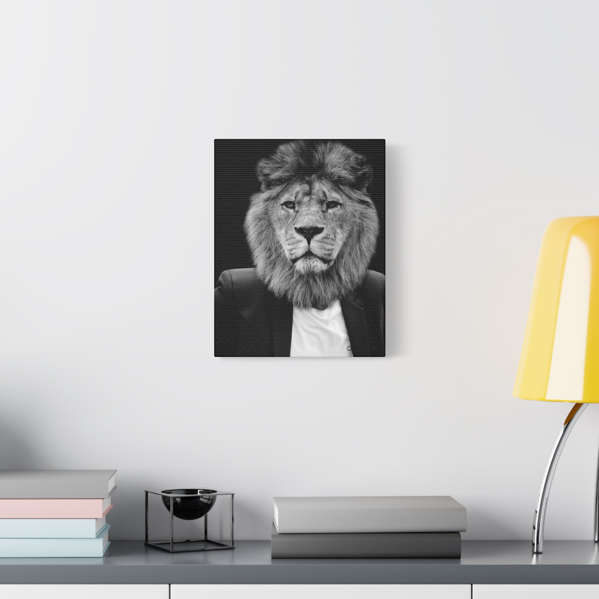 Lion in a Suit Canvas Wall Art - Modern Quirky Animal Portrait