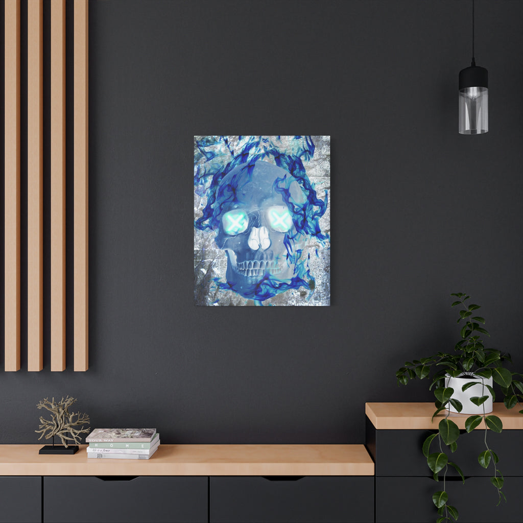 Blue Flame Skull Canvas Wall Art - Gothic Dark Fantasy Decor