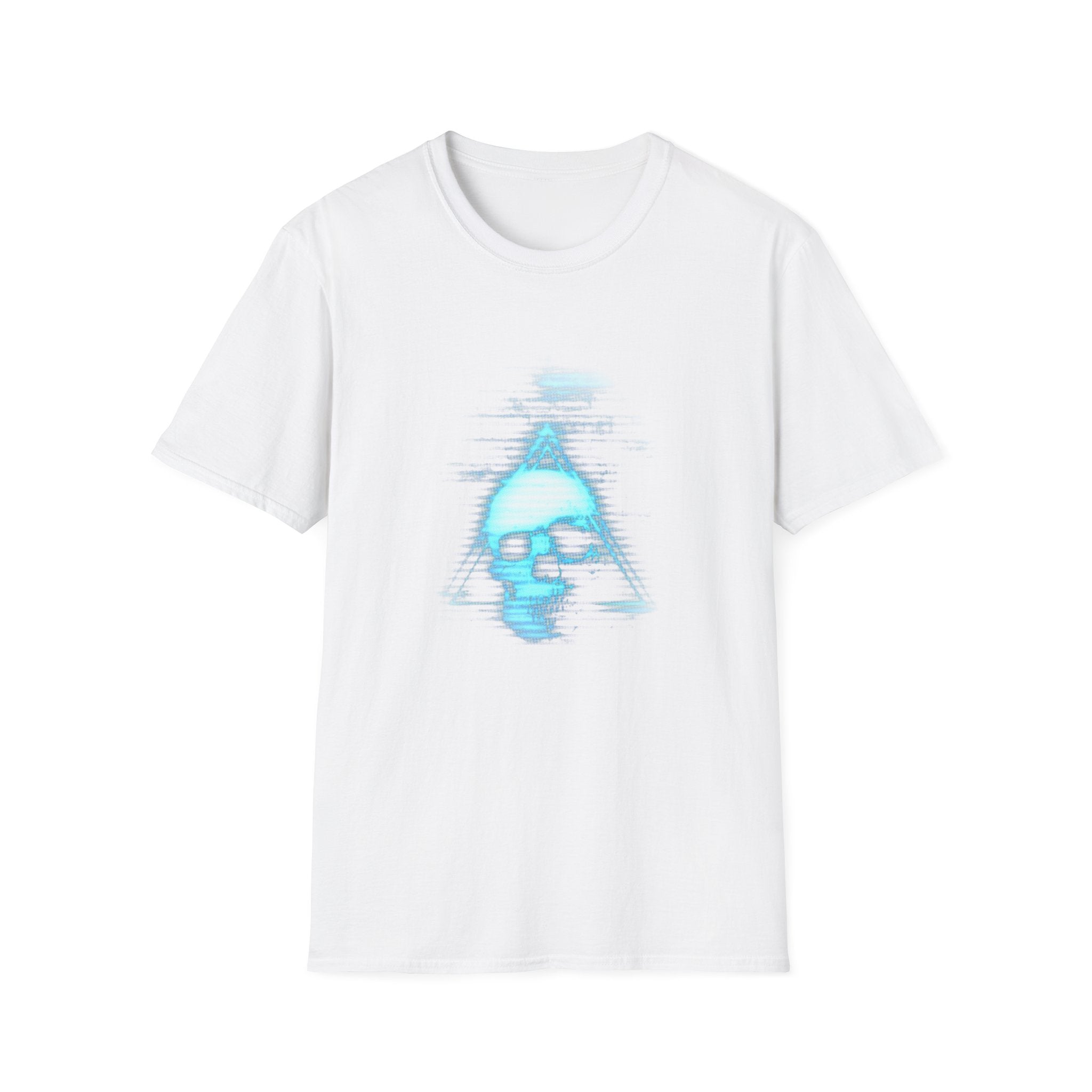 Neon Blue Glitch Triangle Skull Tee - Pastel Vaporwave CRT Shirt