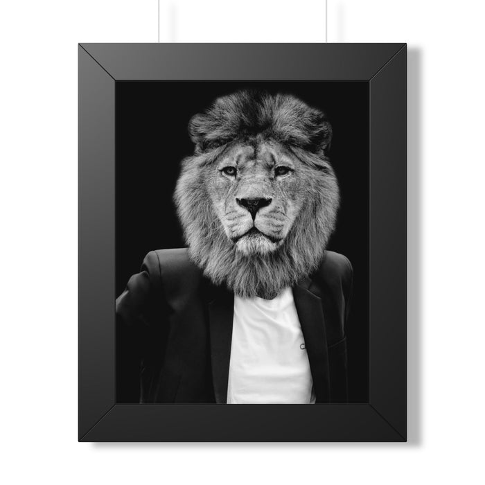 Lion in a Suit Framed Poster - Majestic Business Animal Wall Art