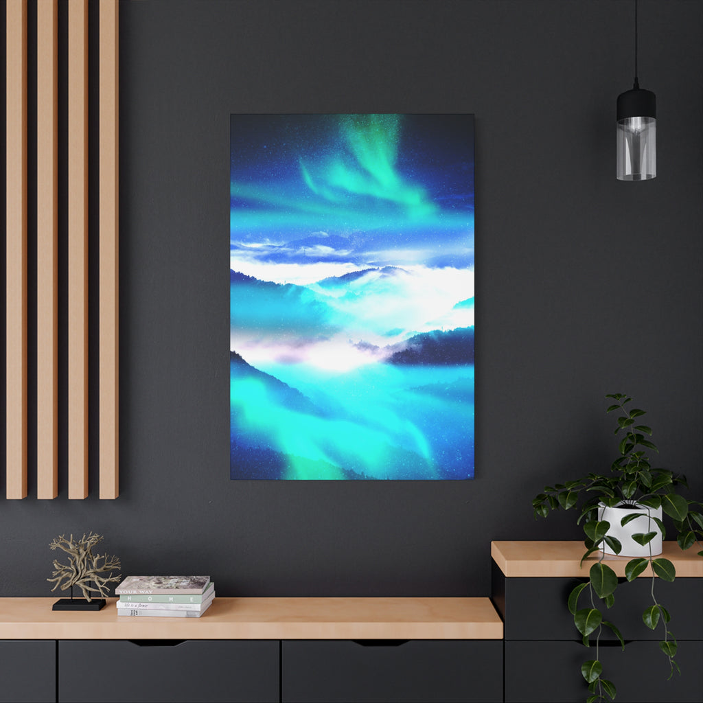 Starry Mountain Sky Canvas Wall Art - Aurora Borealis Decor