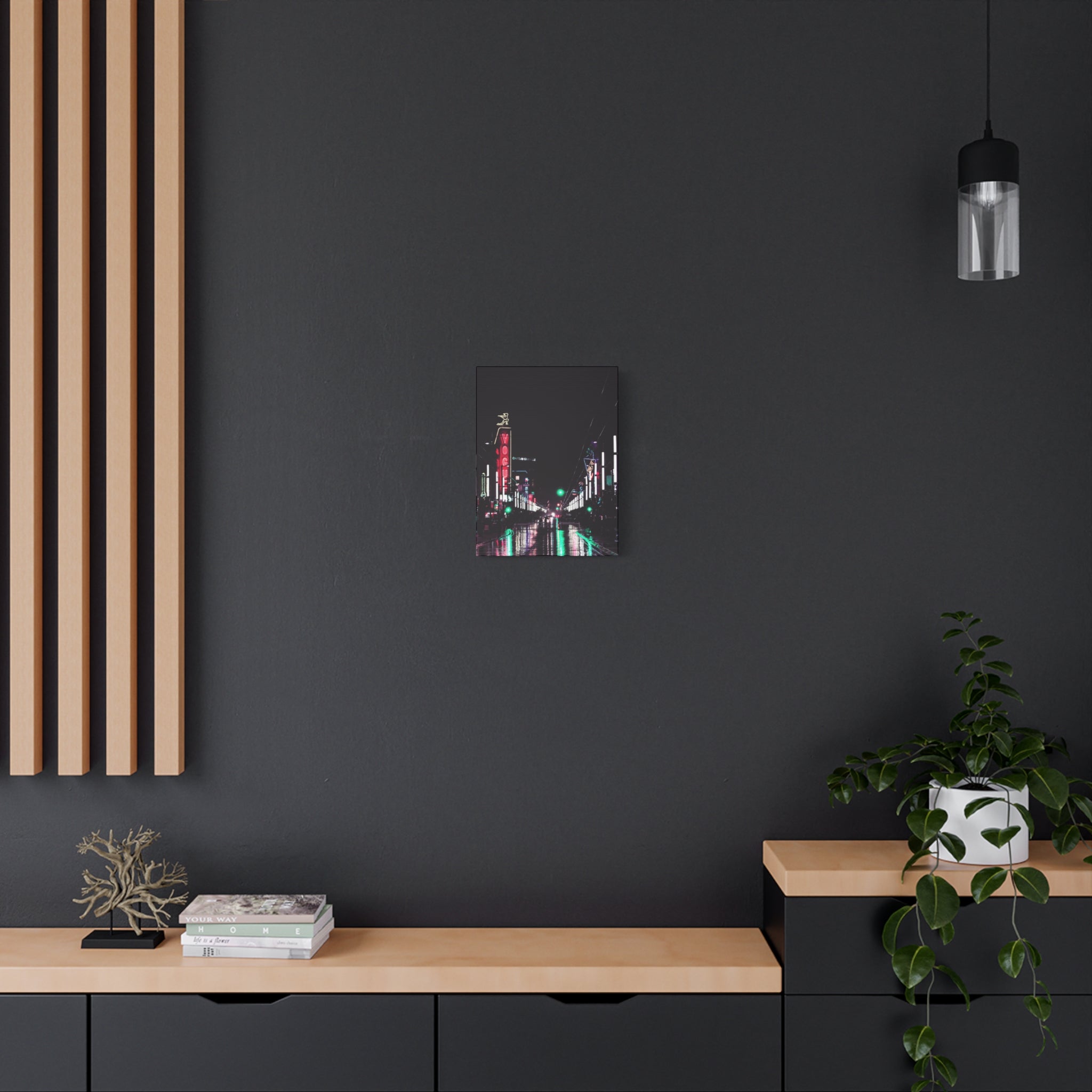 Cyberpunk Slick Street Canvas Wall Art - Neon Alley Decor