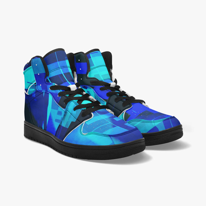 Data Cube Glitch High-Top Sneakers - Blue Geometric Grid Art by Kiyo Arts