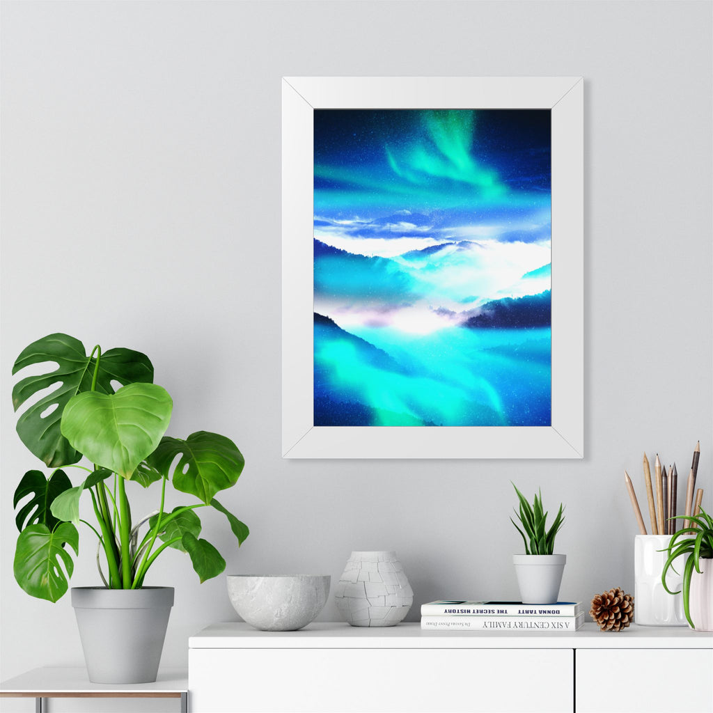 Starry Mountain Sky Framed Poster - Aurora Borealis Wall Art