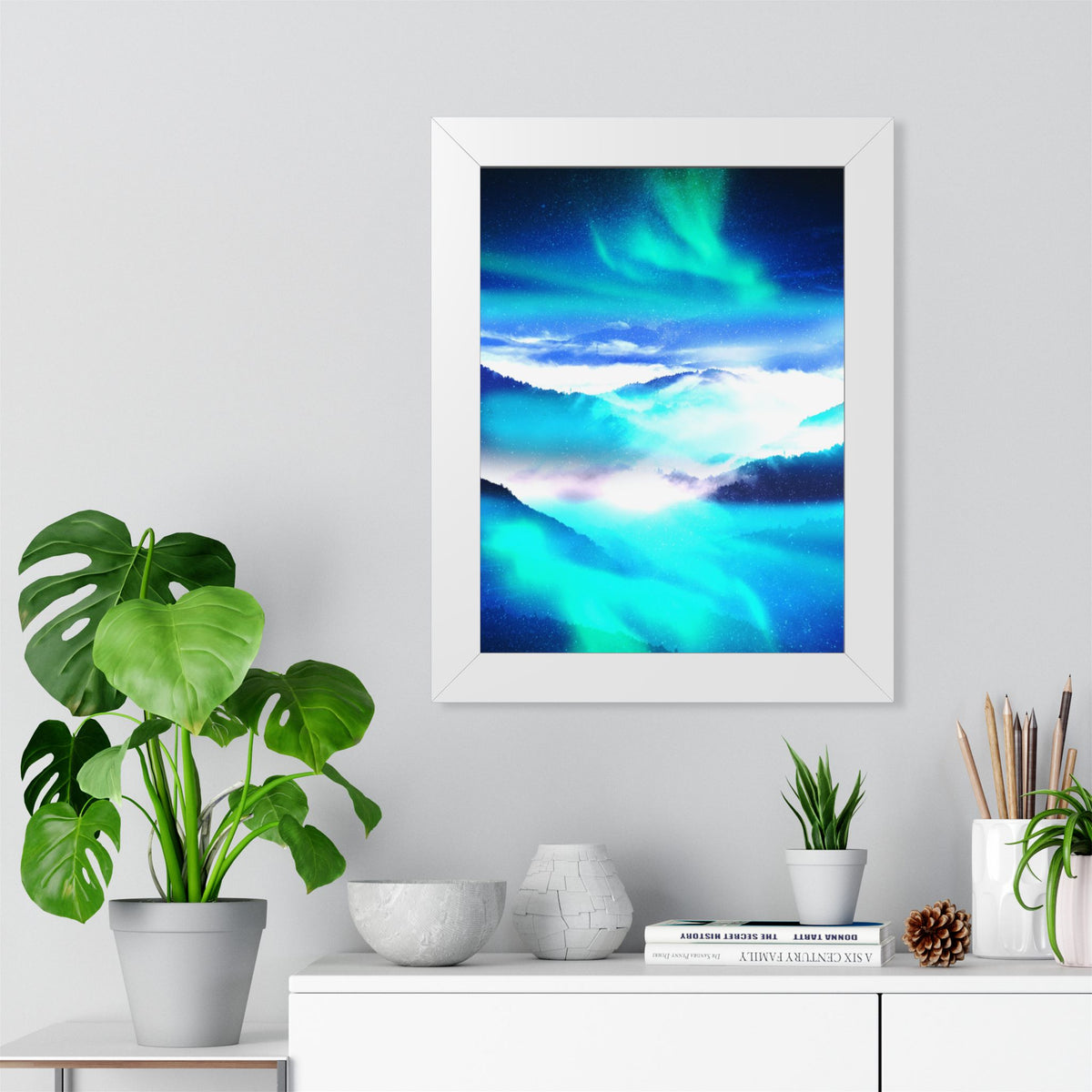 Starry Mountain Sky Framed Poster - Aurora Borealis Wall Art