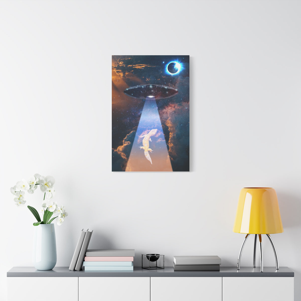 Space Lizards Canvas Wall Art - Lizard Being Abducted Ufo Decor