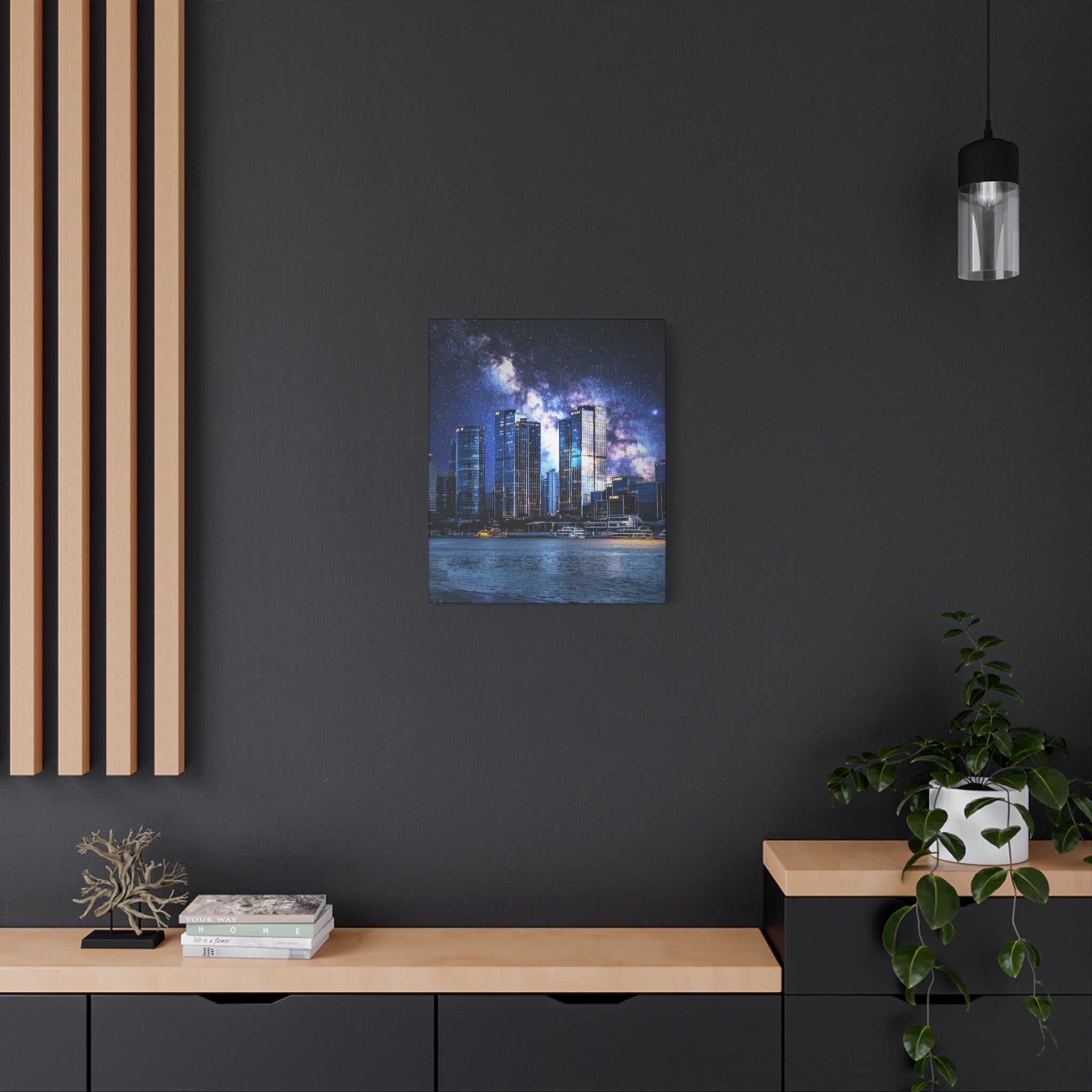 Space Cityscape on the Shore Canvas Wall Art - Neon Sci-Fi Coast Decor