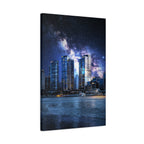 Space Cityscape on the Shore Canvas Wall Art - Neon Sci-Fi Coast Decor