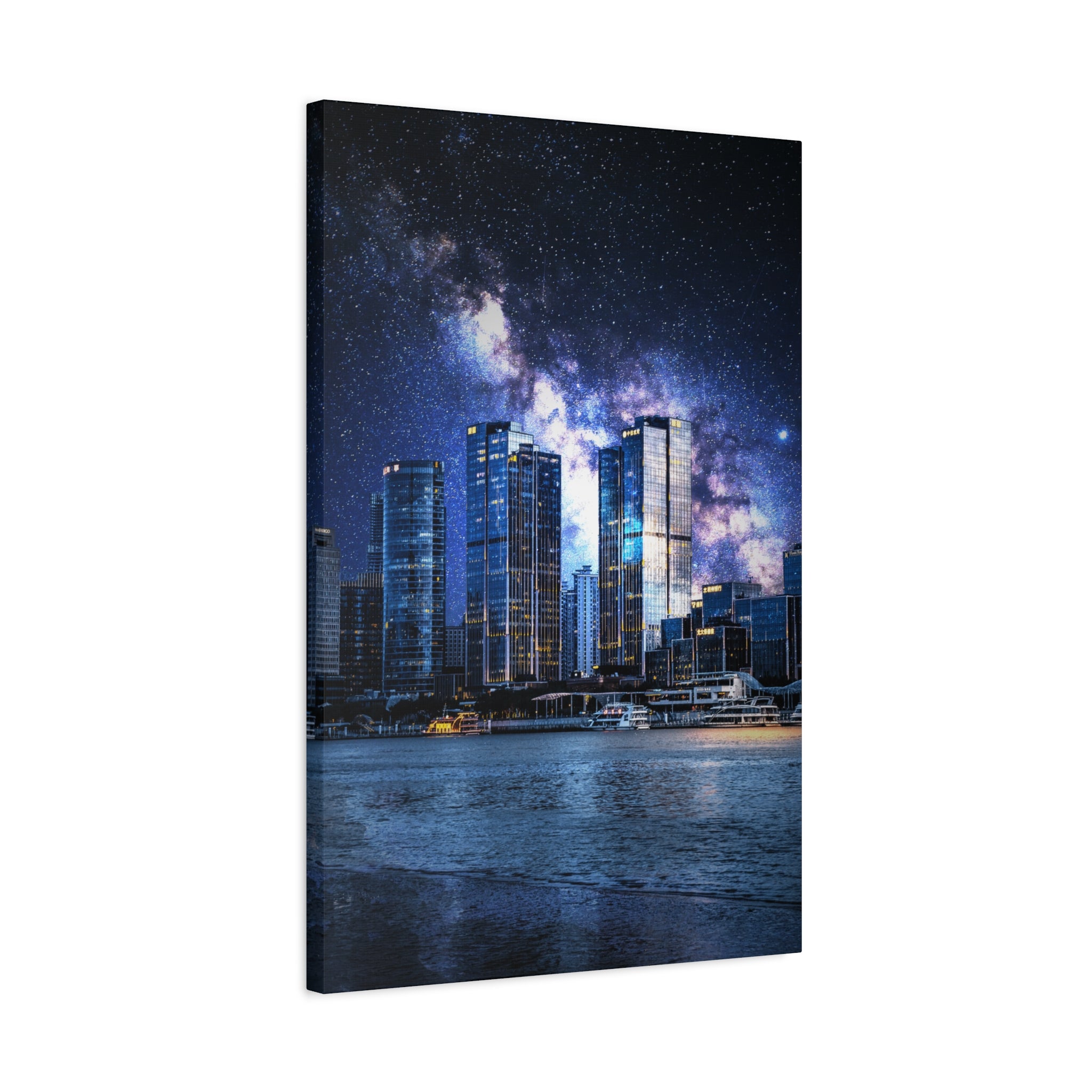 Space Cityscape on the Shore Canvas Wall Art - Neon Sci-Fi Coast Decor