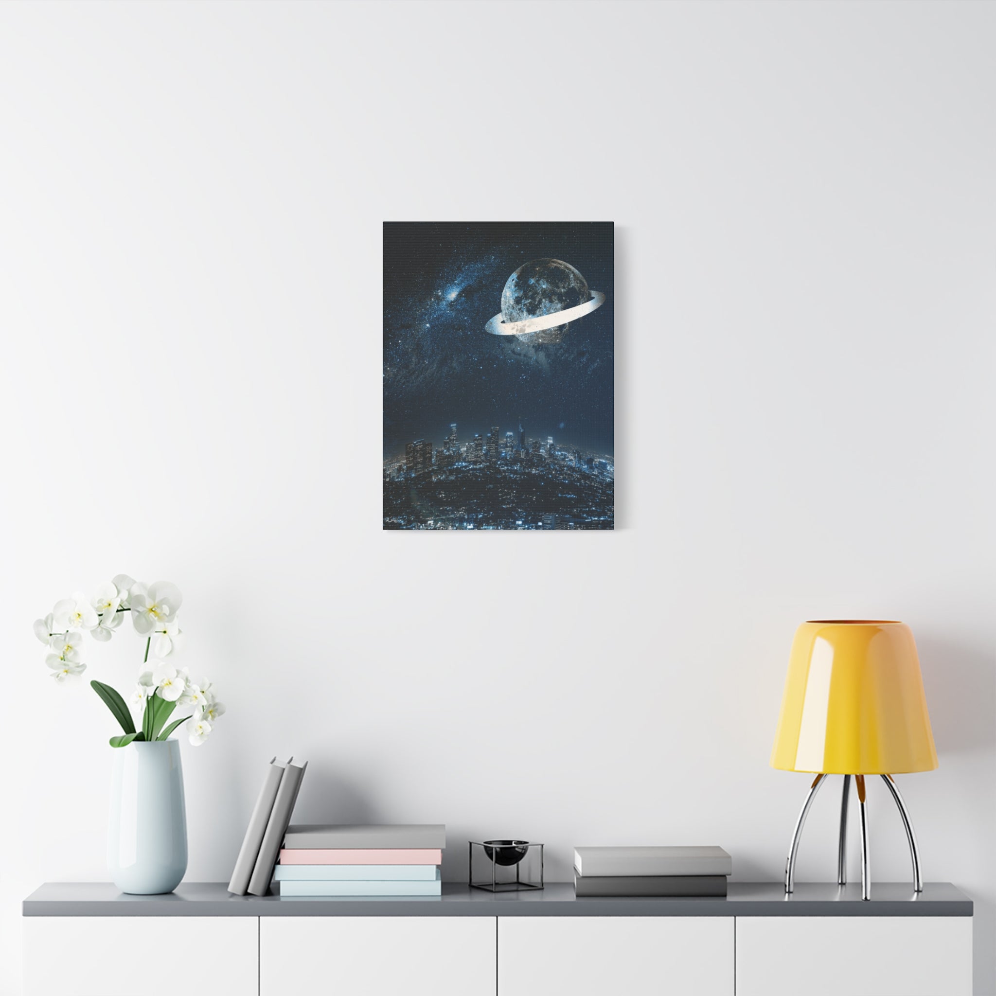 Starlight Cityscape Under a Celestial Moon Canvas Wall Art