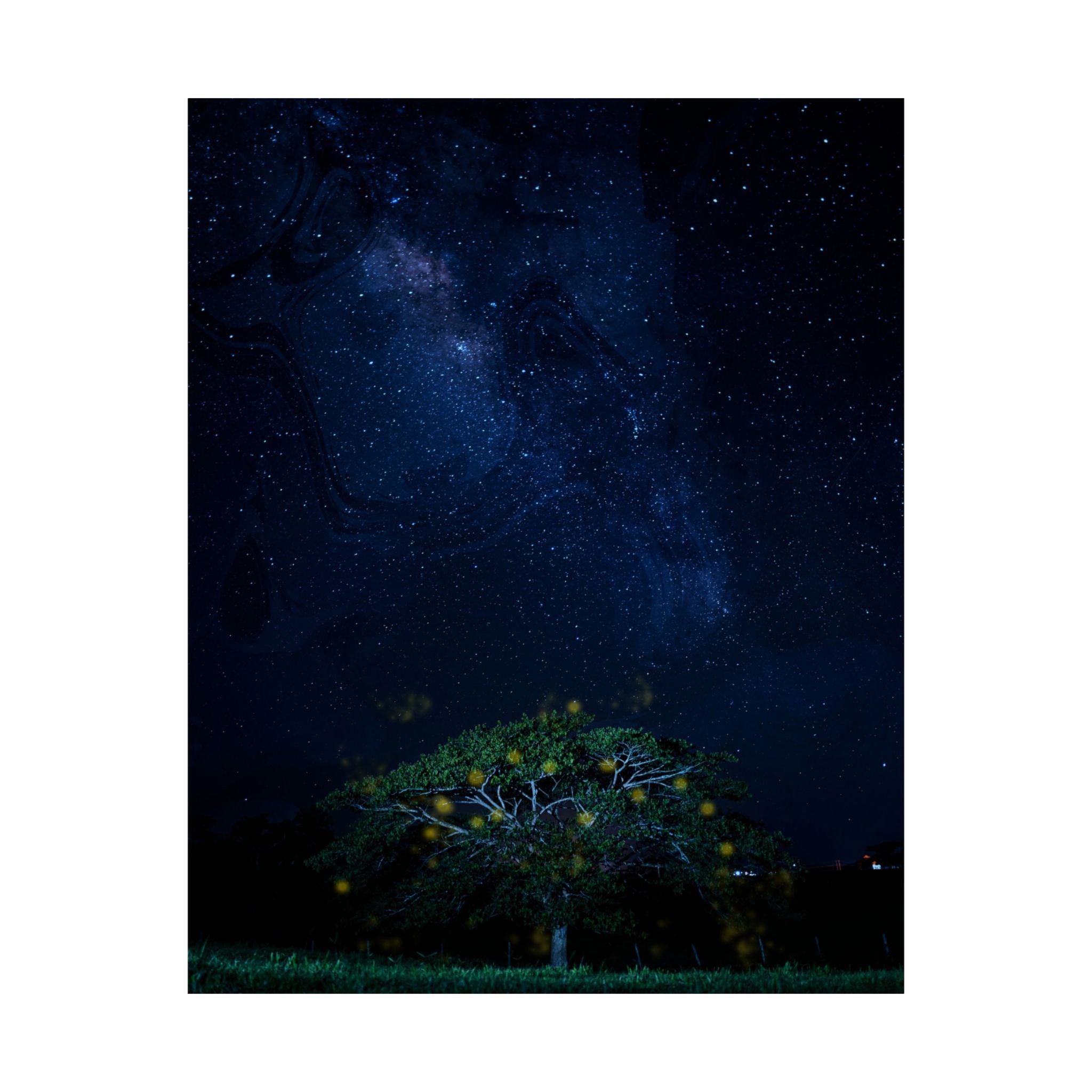 The Great Fairy Tree - Stunning Matte Vertical Poster for Home Decor - Night Sky Art Featuring Fireflies & Stars