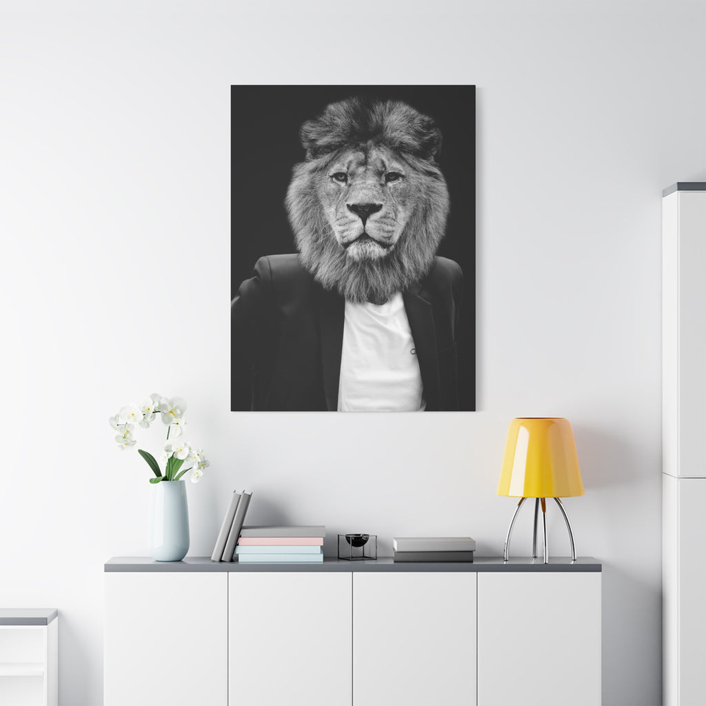 Lion in a Suit Canvas Wall Art - Modern Quirky Animal Portrait