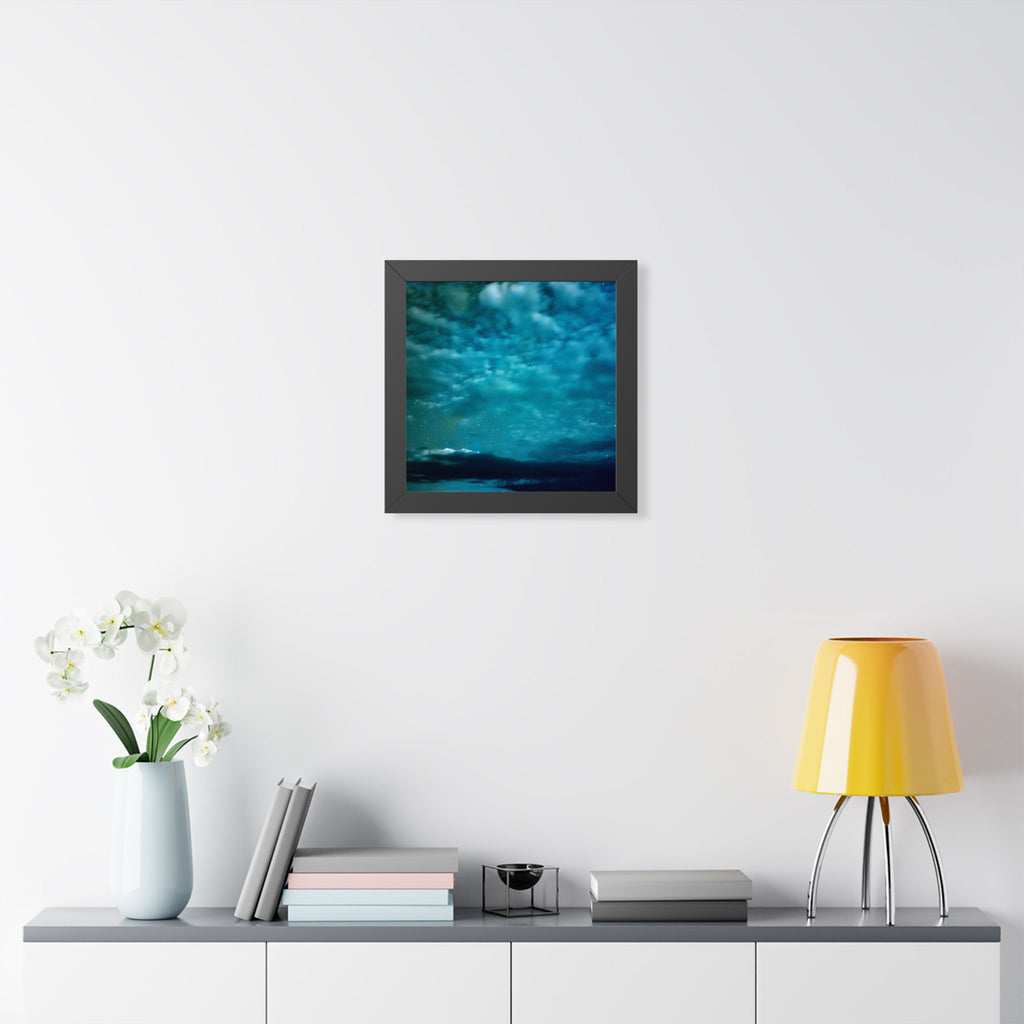 Serene Blue Sunrise Framed Poster - Calm Lake Landscape Wall Art