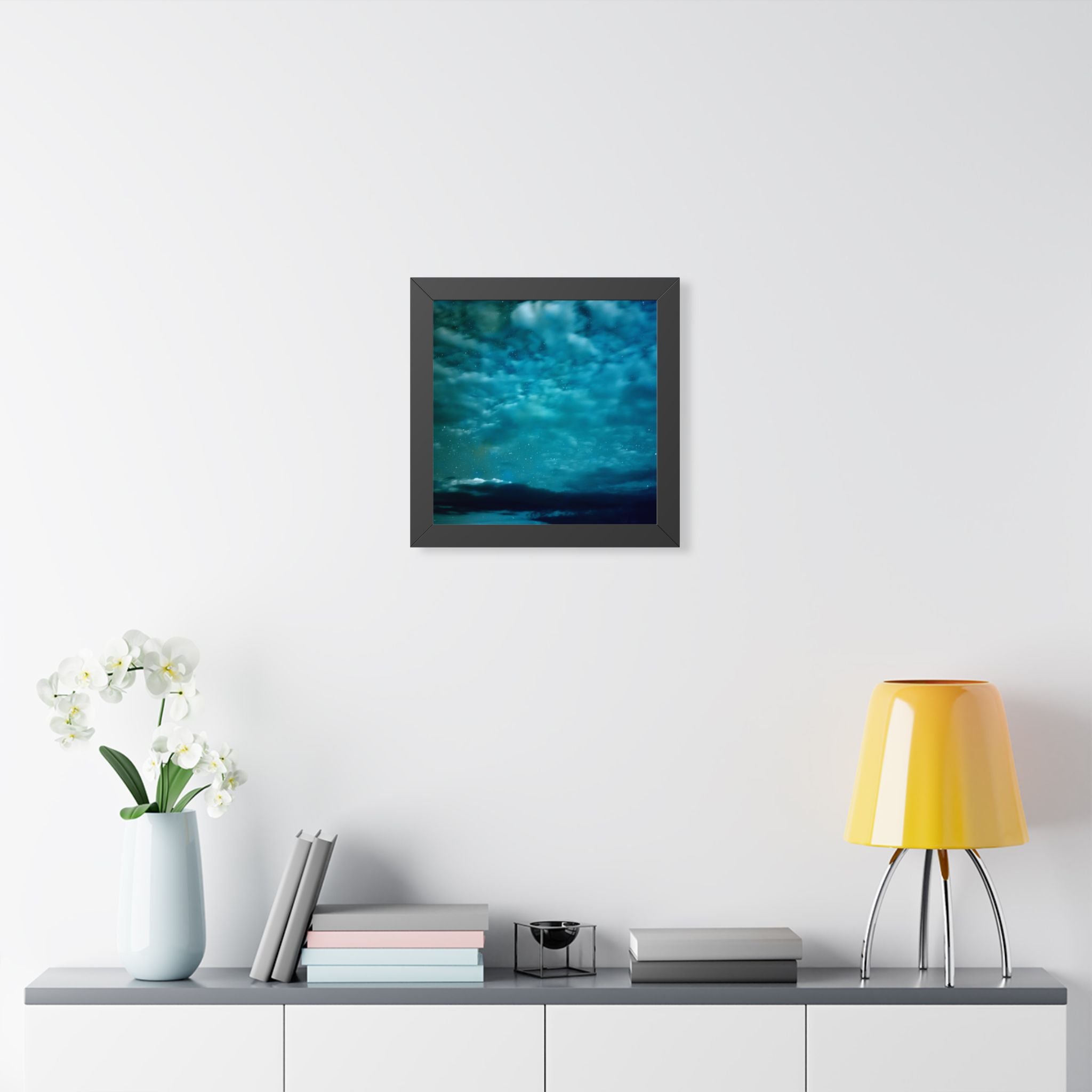 Serene Blue Sunrise Framed Poster - Calm Lake Landscape Wall Art