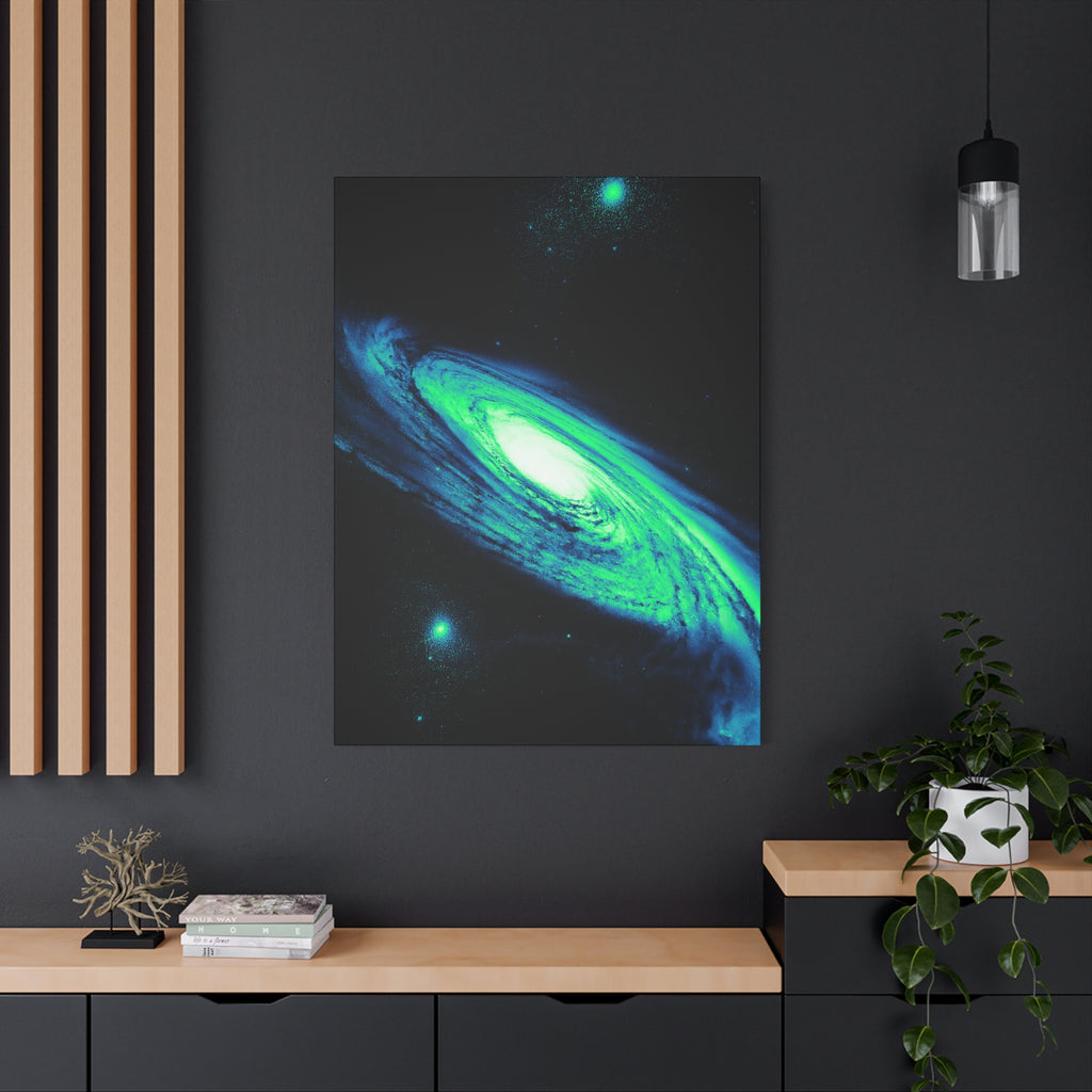 Vaporwave Green Blue Spiral Galaxy Canvas Art | Neon Retro Space Nebula Wall Decor