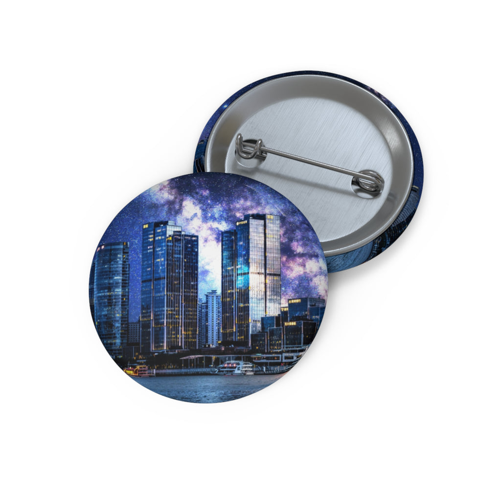 Space Cityscape on the Shore Pin - Neon Night Coast Art Button
