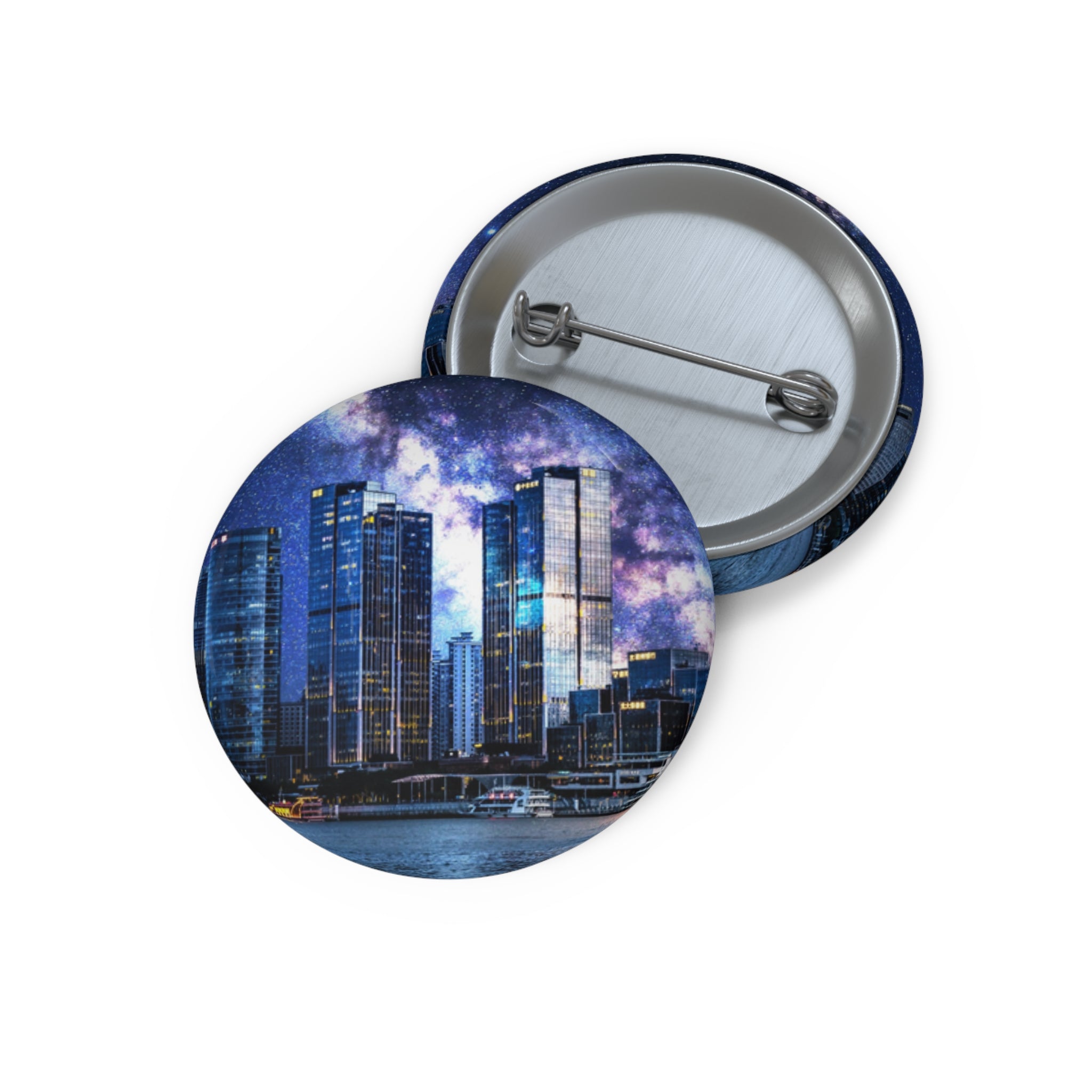 Space Cityscape on the Shore Pin - Neon Night Coast Art Button