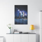 Space Cityscape on the Shore Canvas Wall Art - Neon Sci-Fi Coast Decor