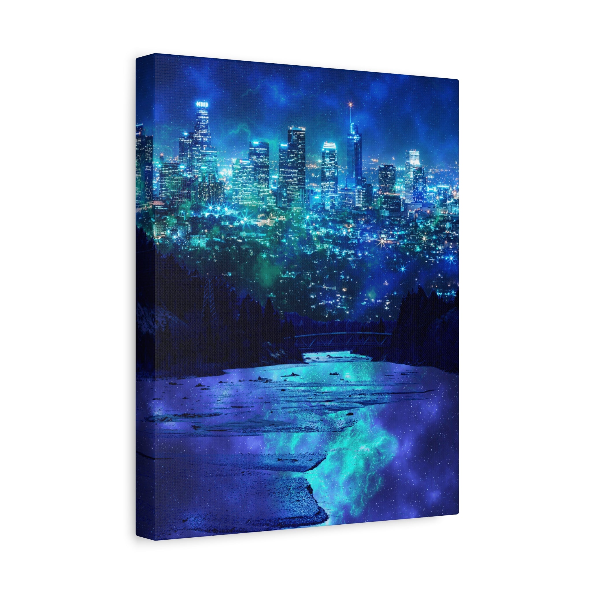 Cosmic Frosted City Canvas Art - Winter Metropolitan Nightscape