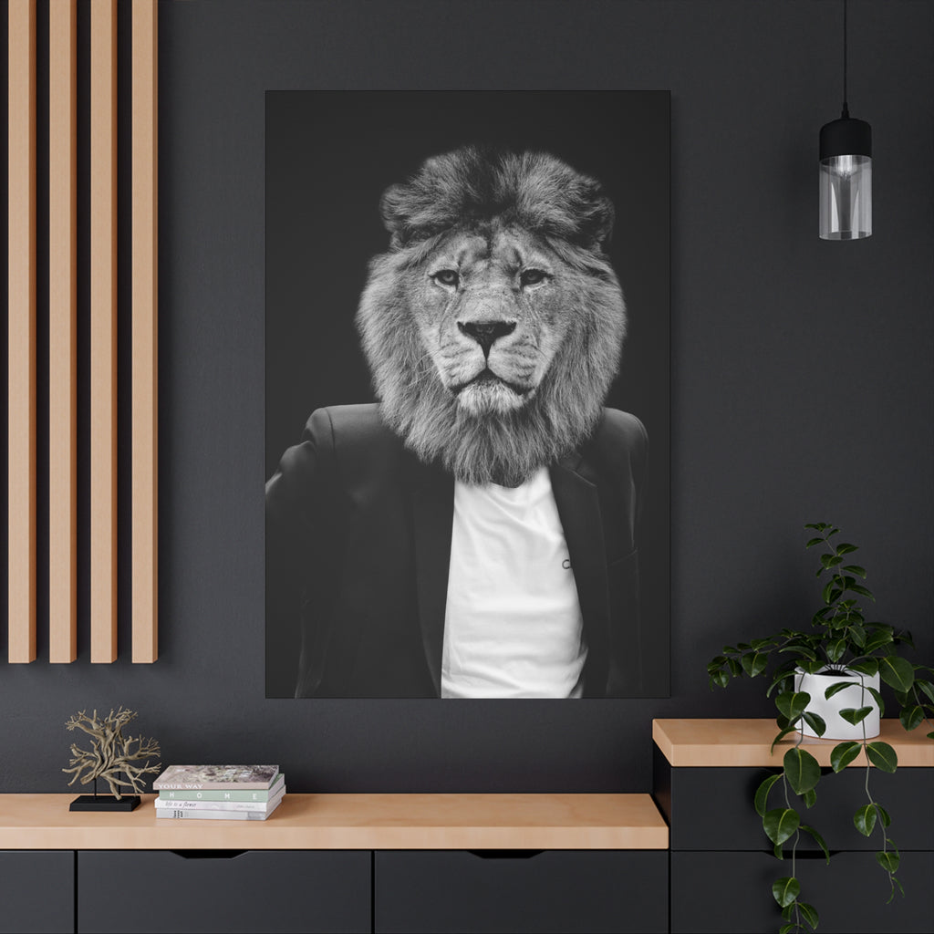 Lion in a Suit Canvas Wall Art - Modern Quirky Animal Portrait
