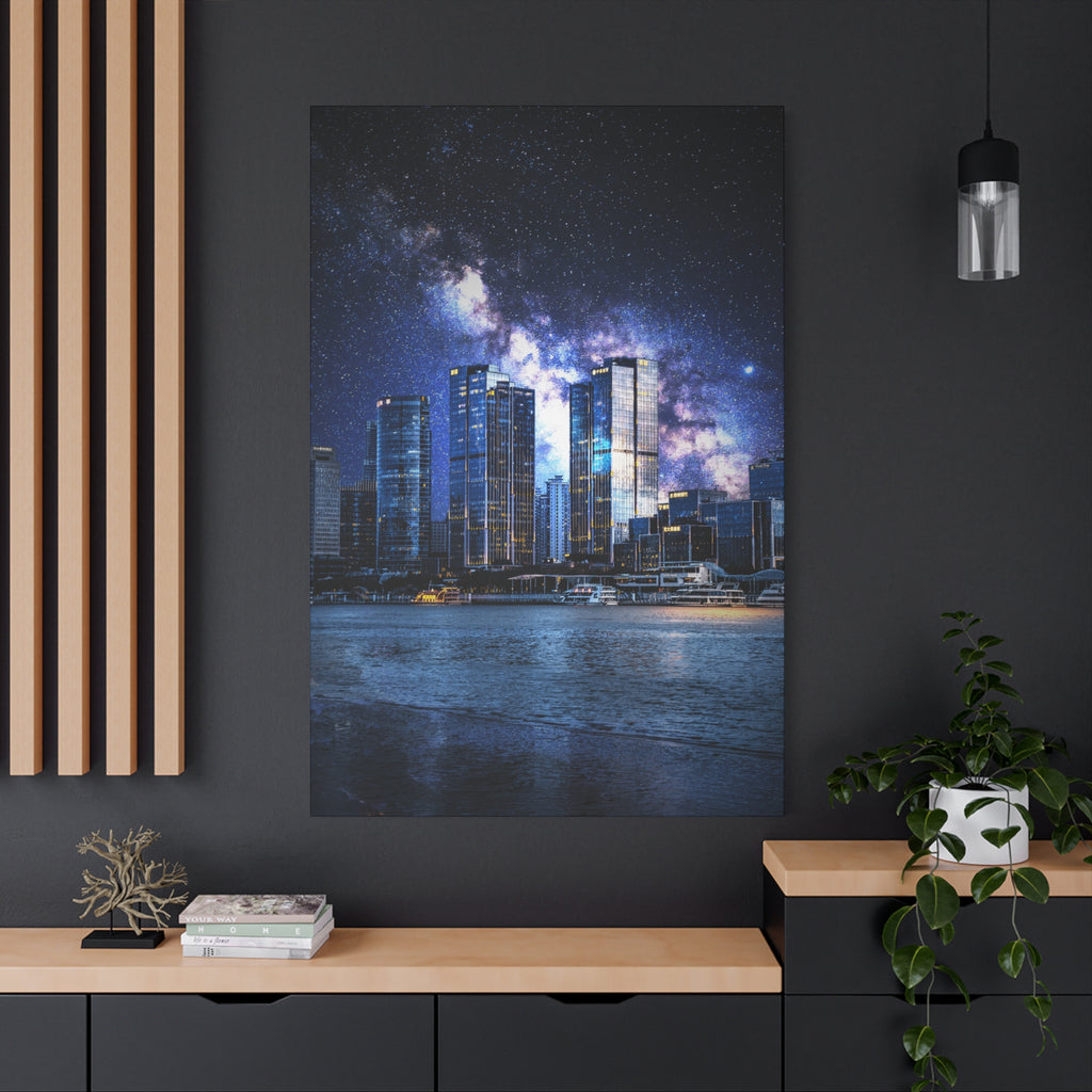 Space Cityscape on the Shore Canvas Wall Art - Neon Sci-Fi Coast Decor