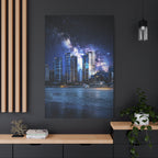 Space Cityscape on the Shore Canvas Wall Art - Neon Sci-Fi Coast Decor