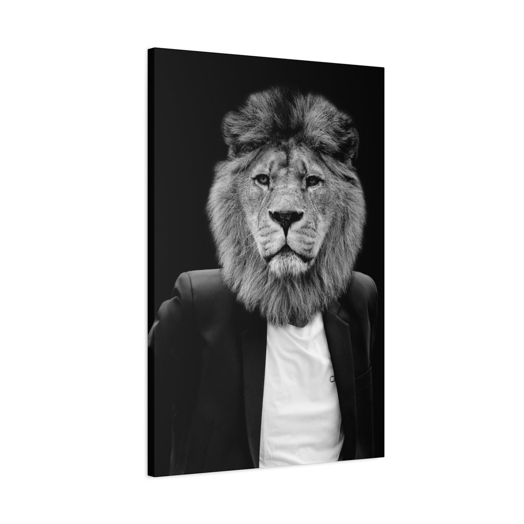 Lion in a Suit Canvas Wall Art - Modern Quirky Animal Portrait