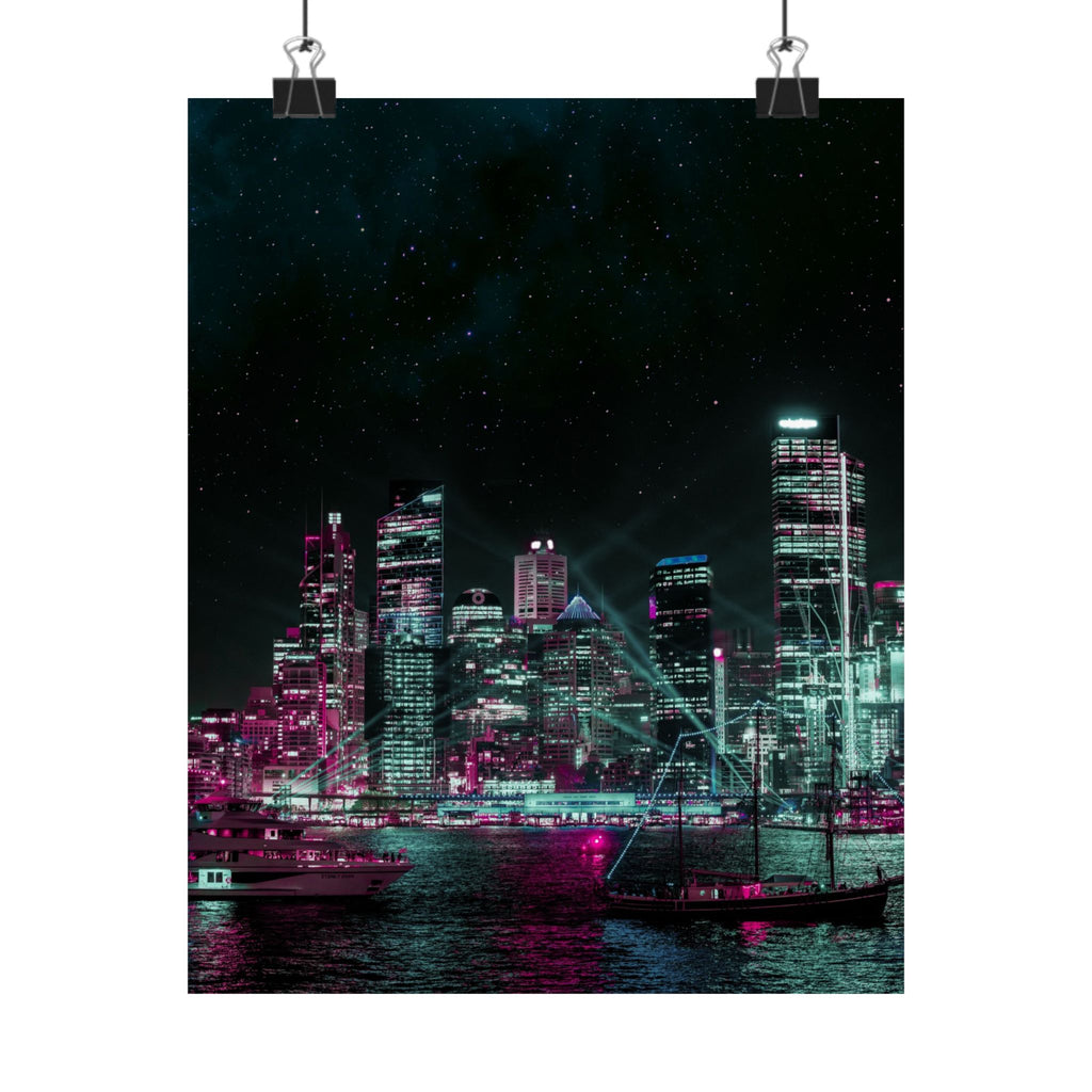 Cyberpunk Harbor Buildings Poster - Neon Cityscape Art Print