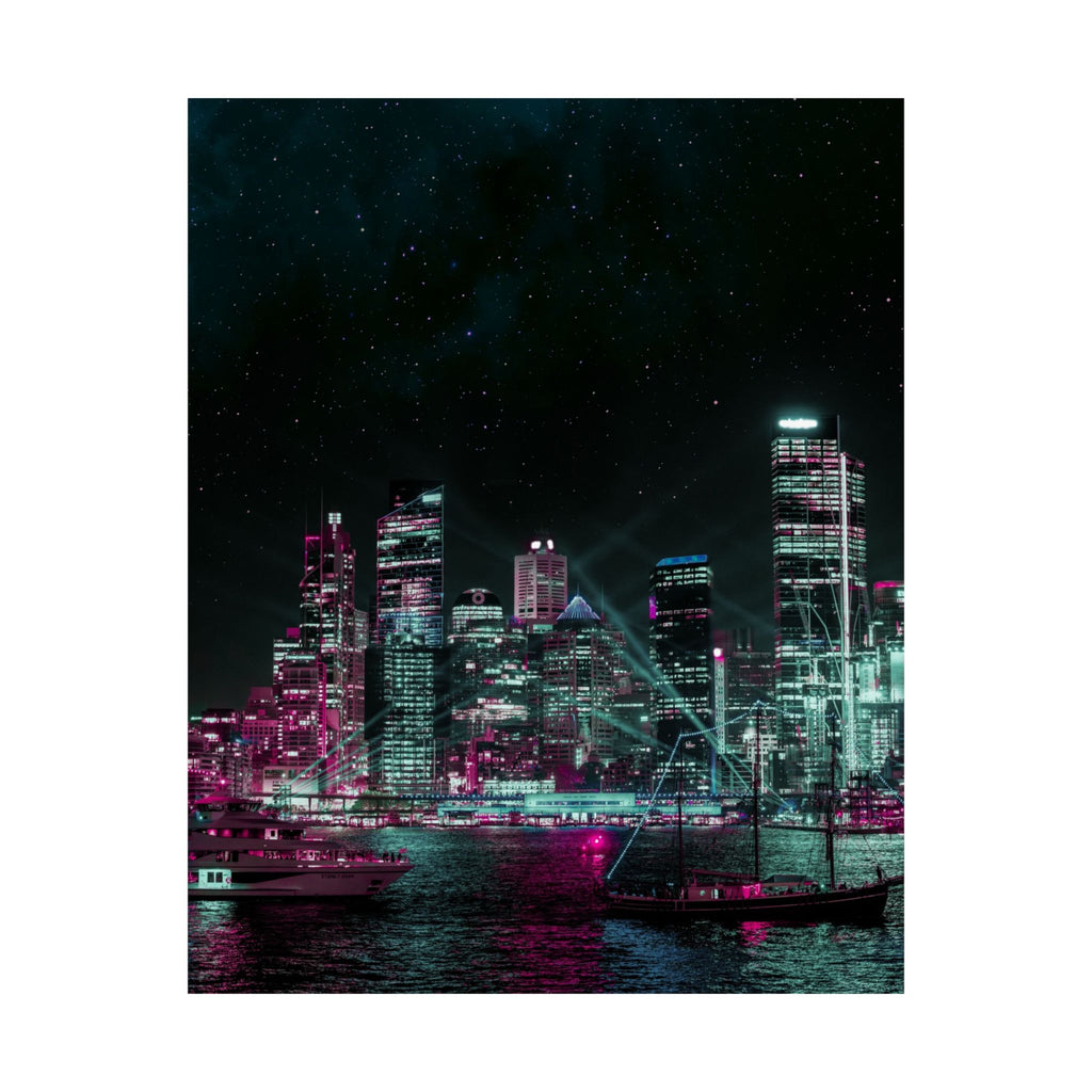 Cyberpunk Harbor Buildings Poster - Neon Cityscape Art Print