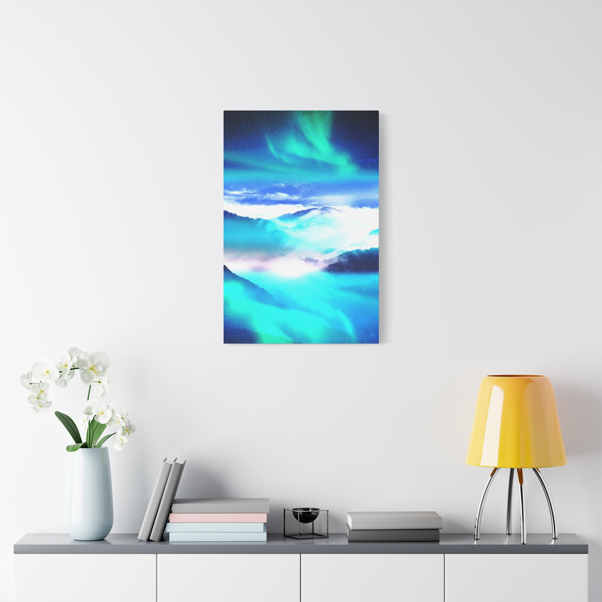 Starry Mountain Sky Canvas Wall Art - Aurora Borealis Decor