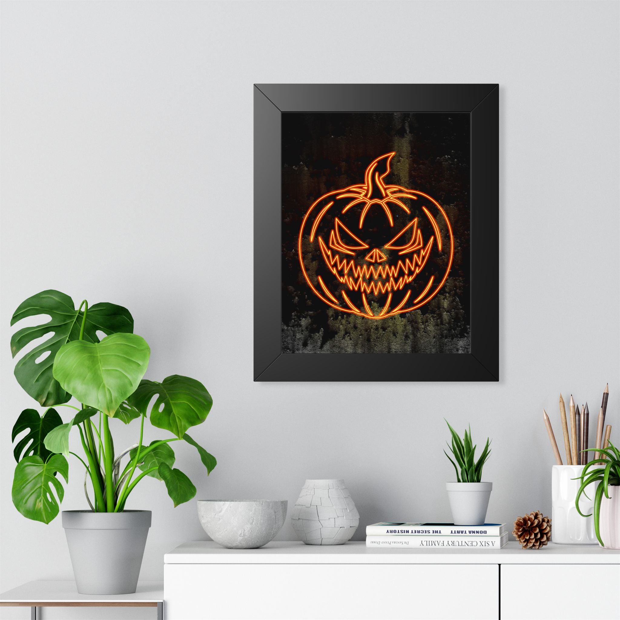 Neon Pumpkin Framed Poster - Spooky Halloween Wall Art