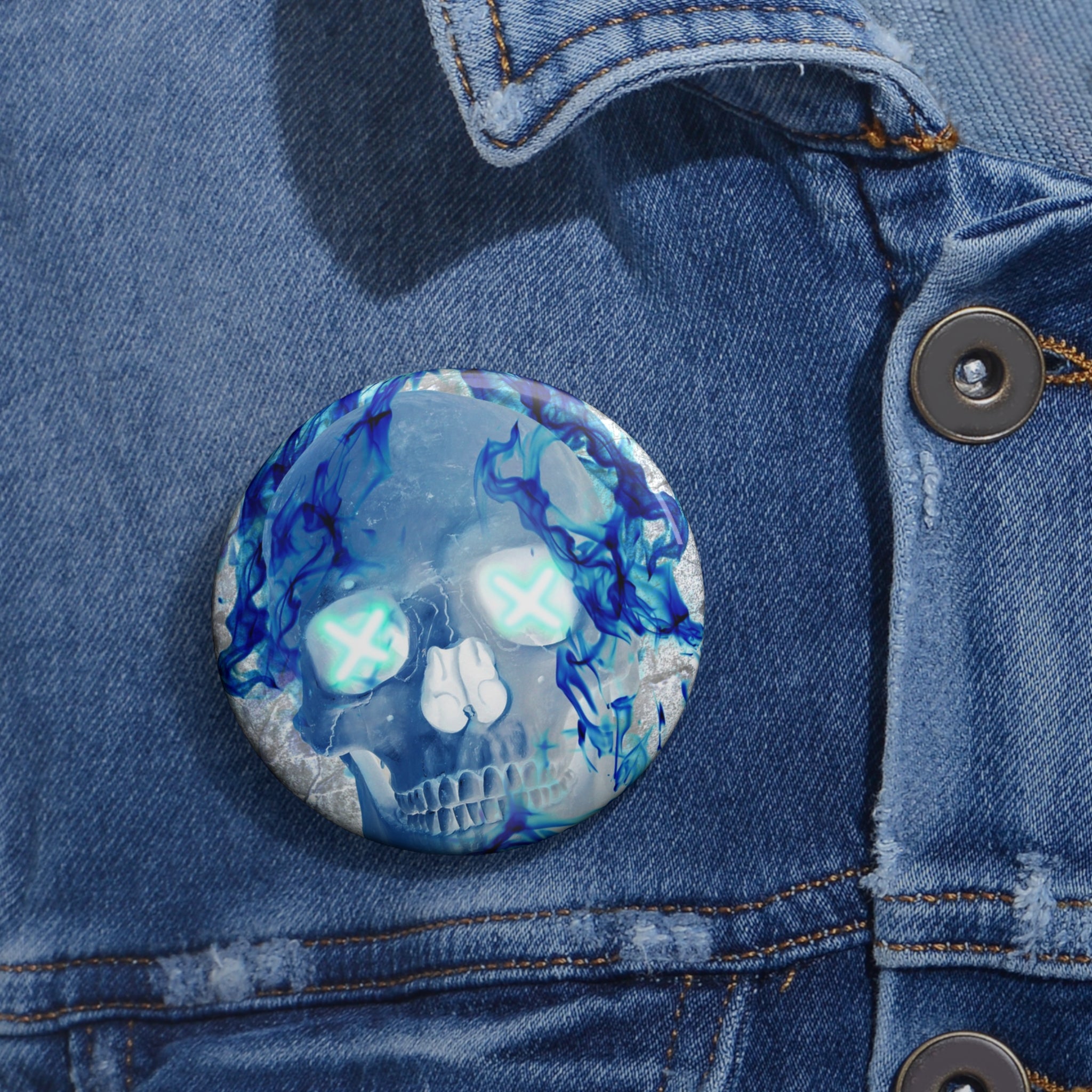 Blue Flame Skull Pin - Gothic Fire Art Button