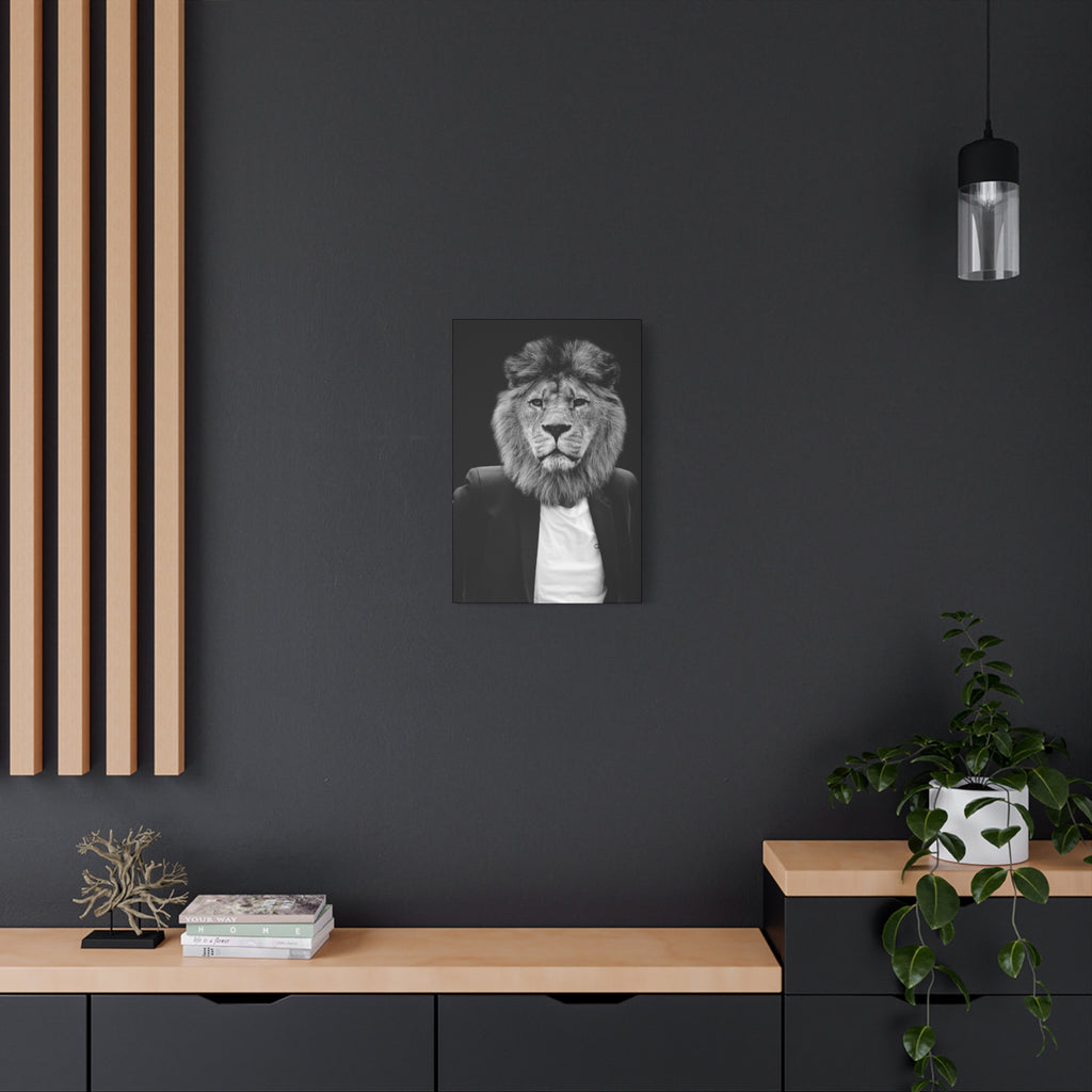 Lion in a Suit Canvas Wall Art - Modern Quirky Animal Portrait