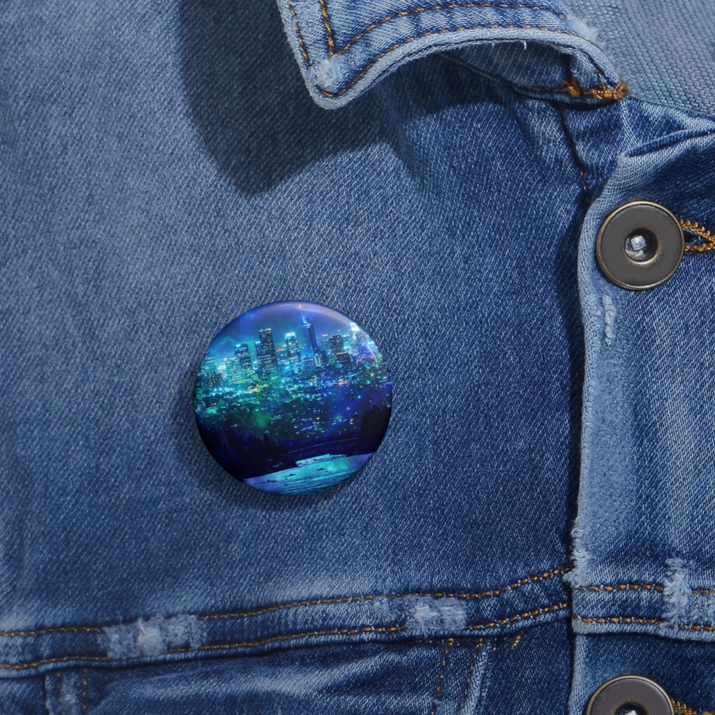 Frosted City Skyline Pin - Cosmic Cityscape Art Button