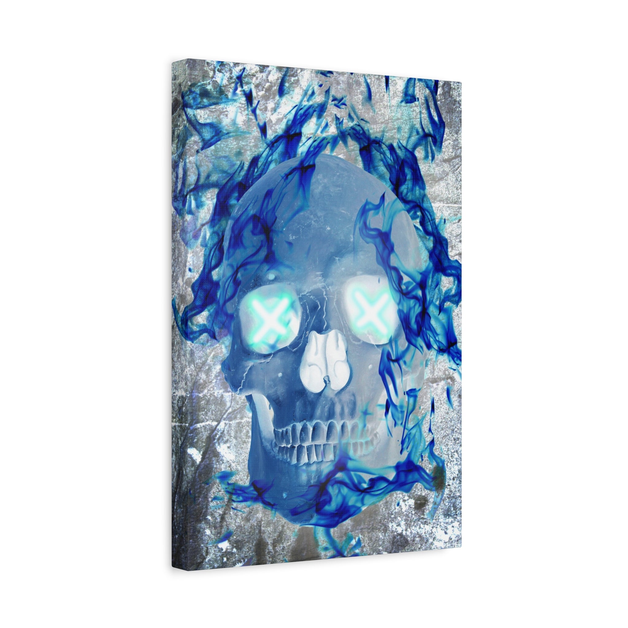 Blue Flame Skull Canvas Wall Art - Gothic Dark Fantasy Decor