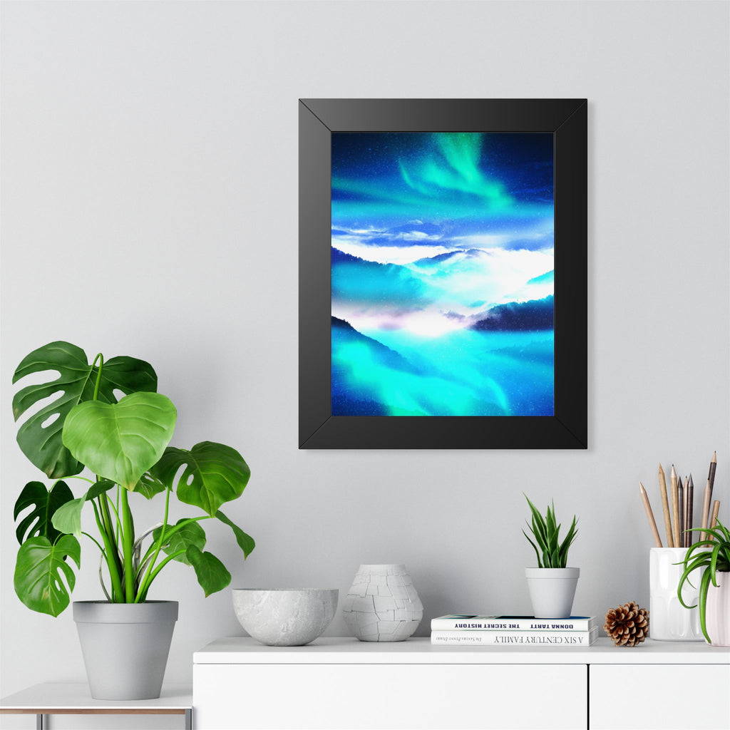 Starry Mountain Sky Framed Poster - Aurora Borealis Wall Art