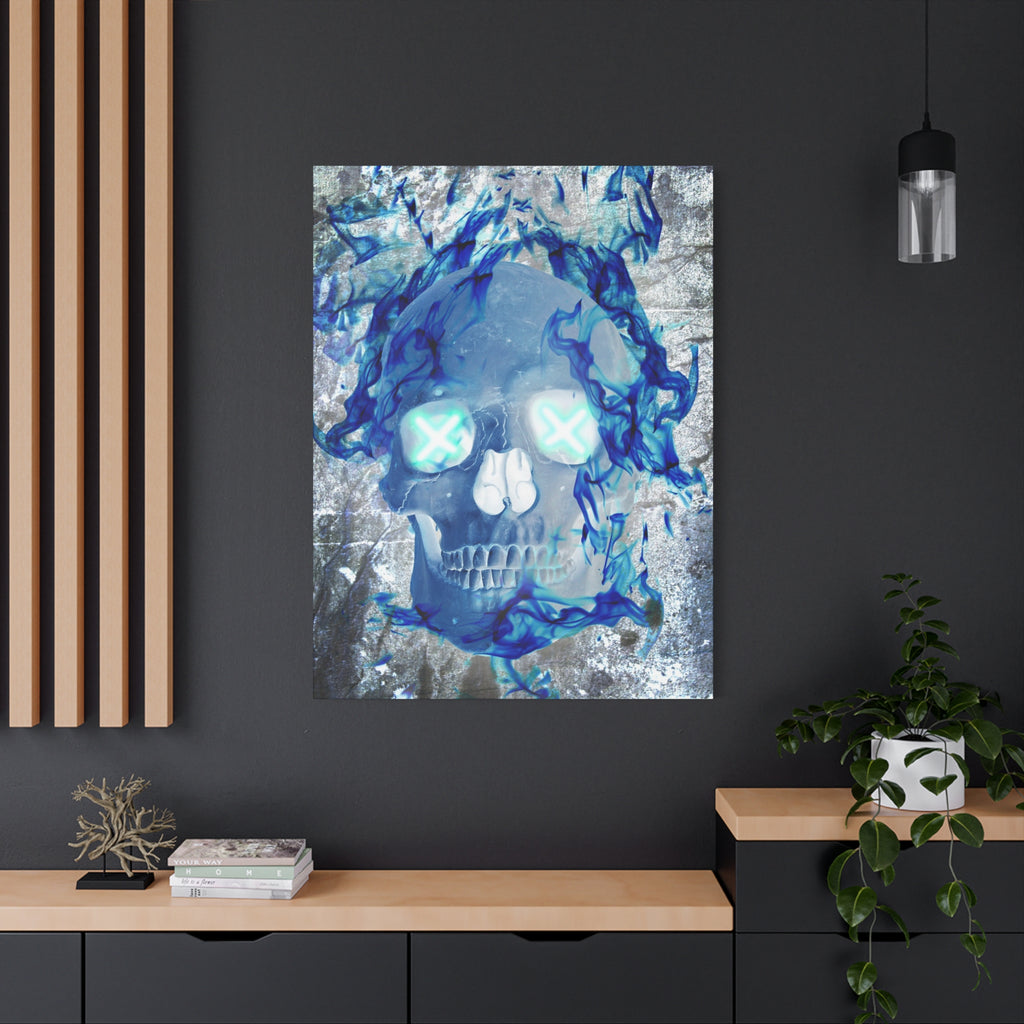 Blue Flame Skull Canvas Wall Art - Gothic Dark Fantasy Decor