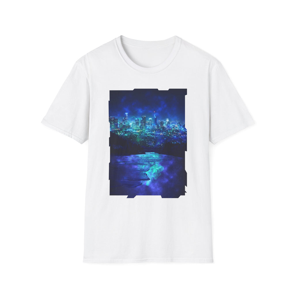 Cosmic Frosted City Skyline Graphic Tee - Night Cityscape Shirt