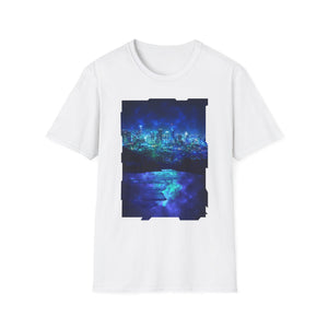Cosmic Frosted City Skyline Graphic Tee - Night Cityscape Shirt