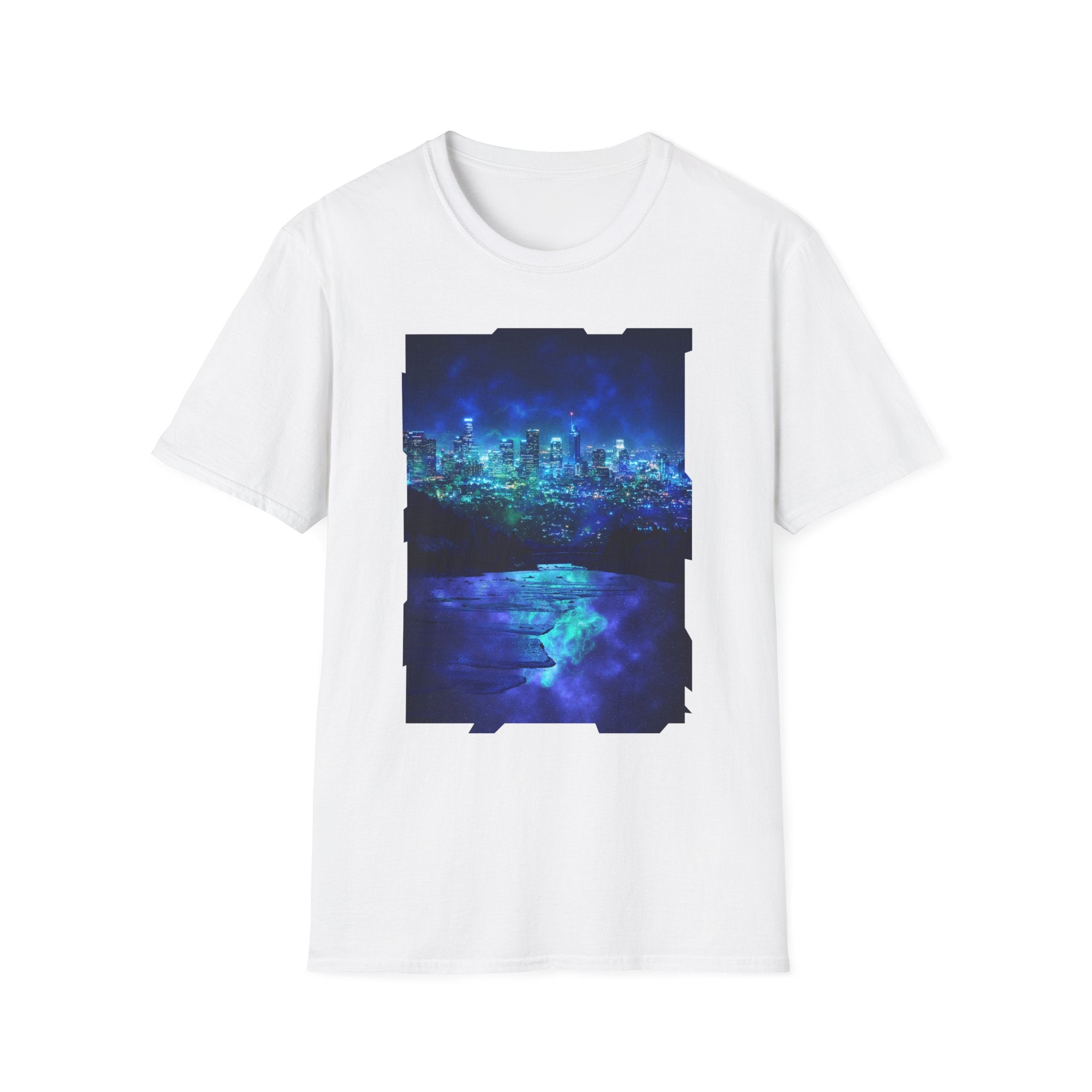 Cosmic Frosted City Skyline Graphic Tee - Night Cityscape Shirt