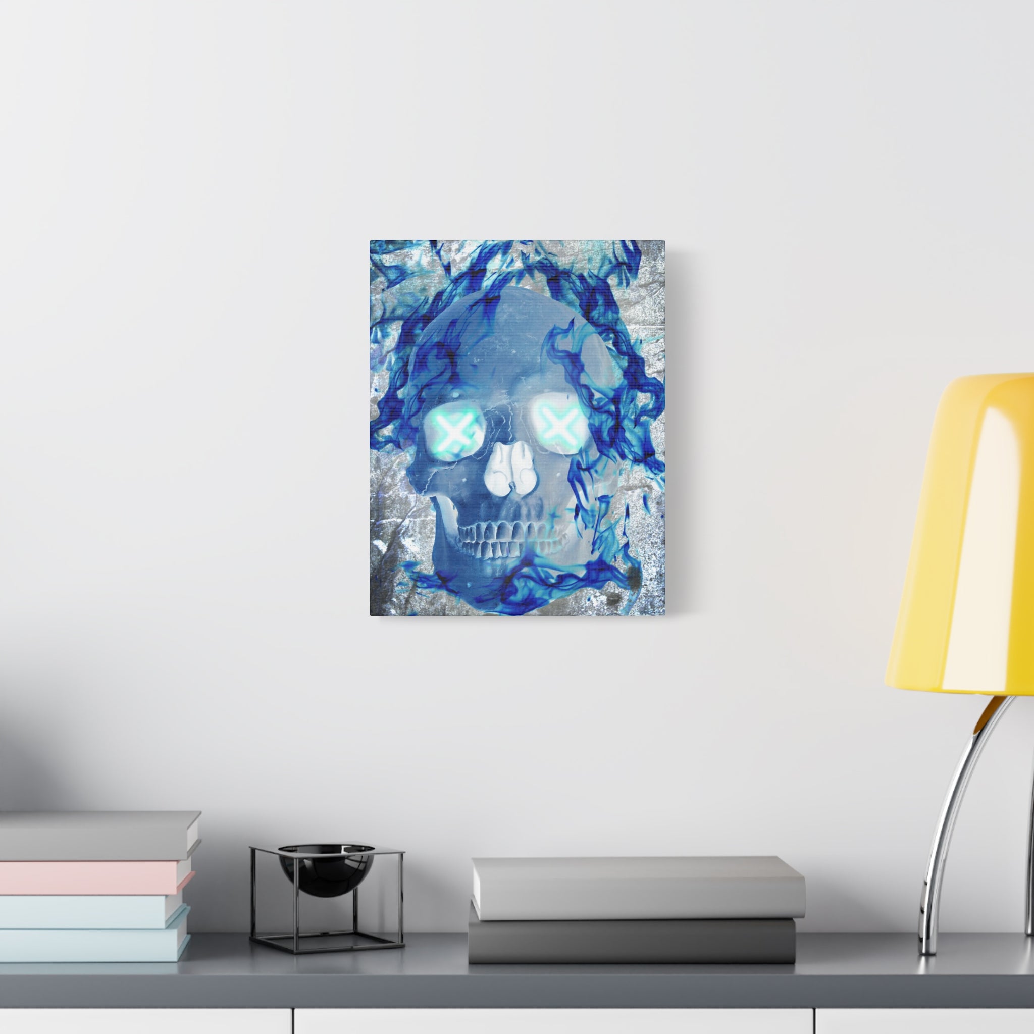 Blue Flame Skull Gothic Canvas Art - Edgy Fire Skeleton Decor