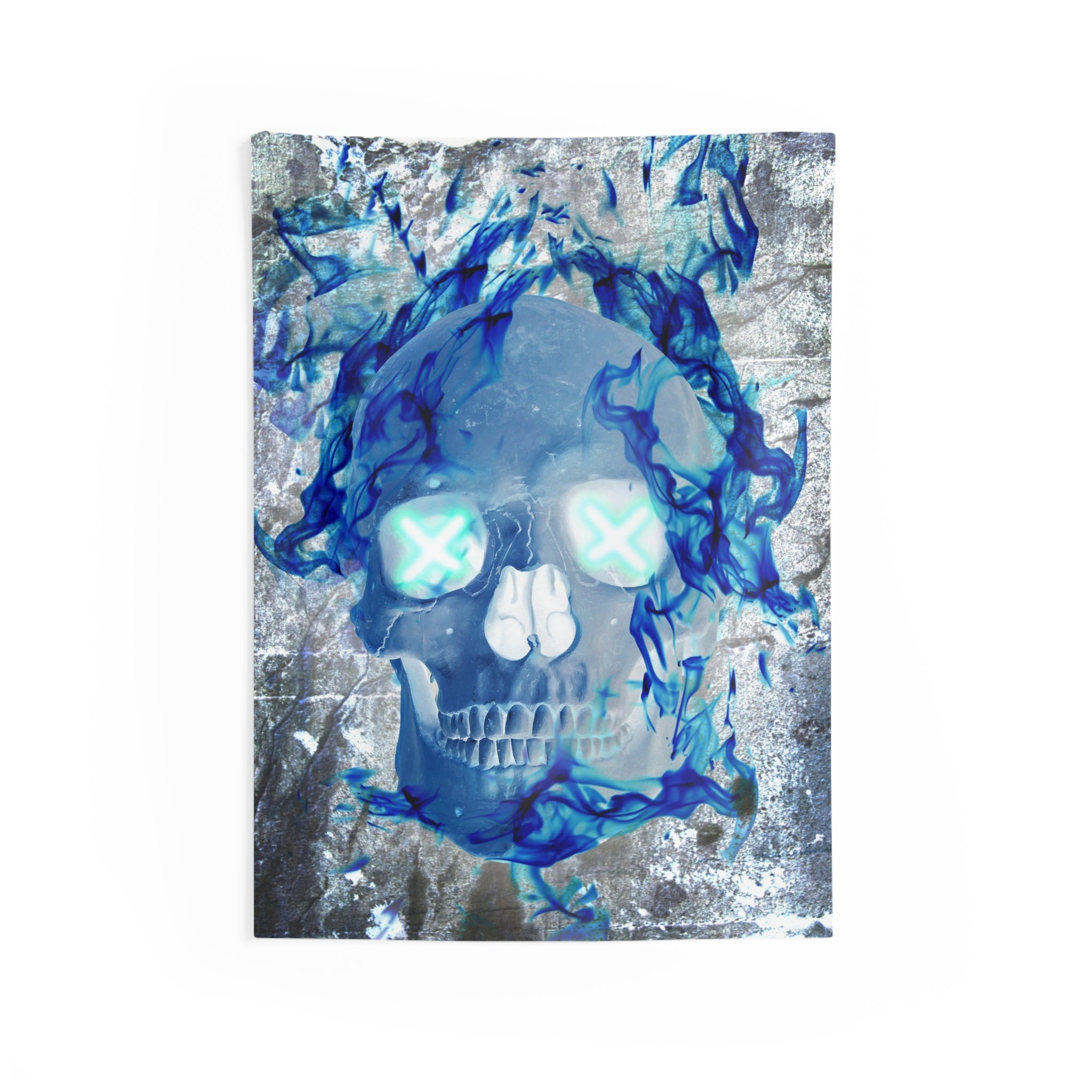 Blue Flame Skull Tapestry - Gothic Dark Fantasy Wall Hanging